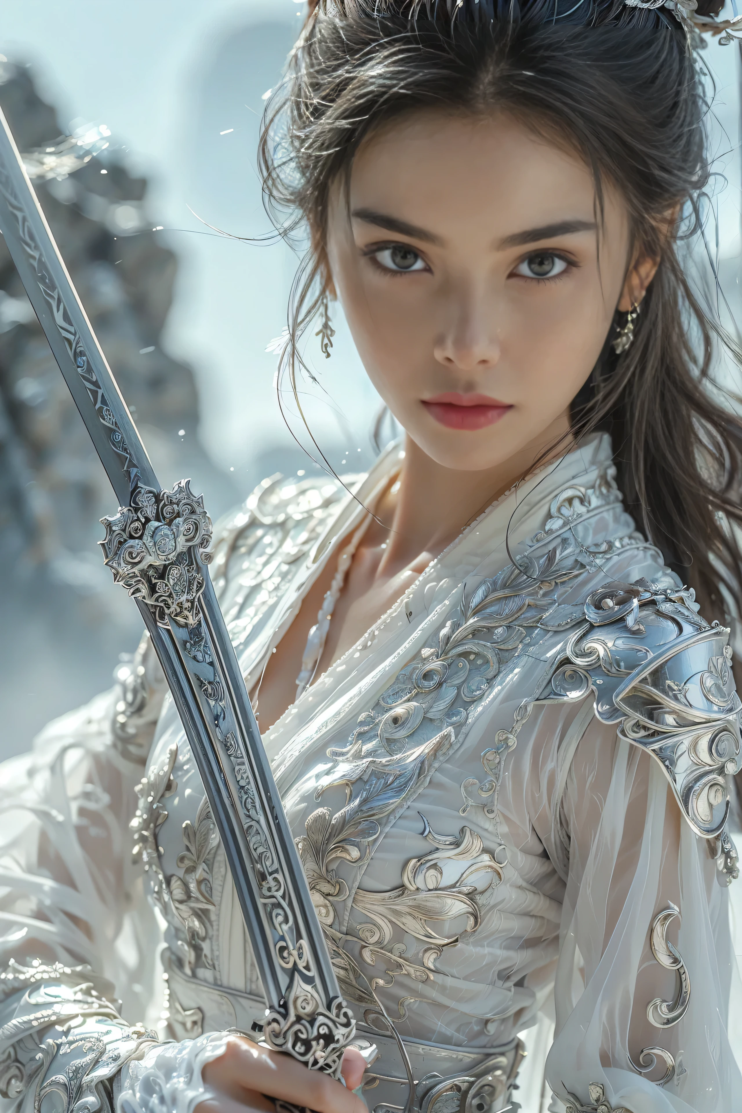 (masterpiece, RAW, 32K, UHD, hyper realistic, best quality), swordswoman,1girl (Beautiful face, supermodel) ,seductive smile, black hair ,blue sky, blurry, brown eyes ,closed mouth ,cloud ,day ,eyelashes ,grey eyes, holding sword, lips ,long hair, looking at viewer, mountain, snow ,solo ,sword ,water, weapon, wind ,winter, sword ,Hanfu, Masterpiece,Game art,The best picture quality,Highest resolution,8K,(Portrait),Unreal Engine 5 rendering works,(Digital Photography),((Portrait Feature:1.5)), 20 year old girl,Short hair details,With long bangs,(The red eye makeup is very meticulous),(With long gray hair:1.4),(Large, full breasts),Elegant and noble,Brave and charming, (Future armor combined with the characteristics of ancient Chinese armor,Hollow design,Power Armor,The mysterious Eastern runes,A delicate dress pattern,A flash of magic),Warrior of the future,Cyberpunk figures,Background of war, Movie lights，Ray tracing，Game CG，((3D Unreal Engine))，OC rendering reflection pattern