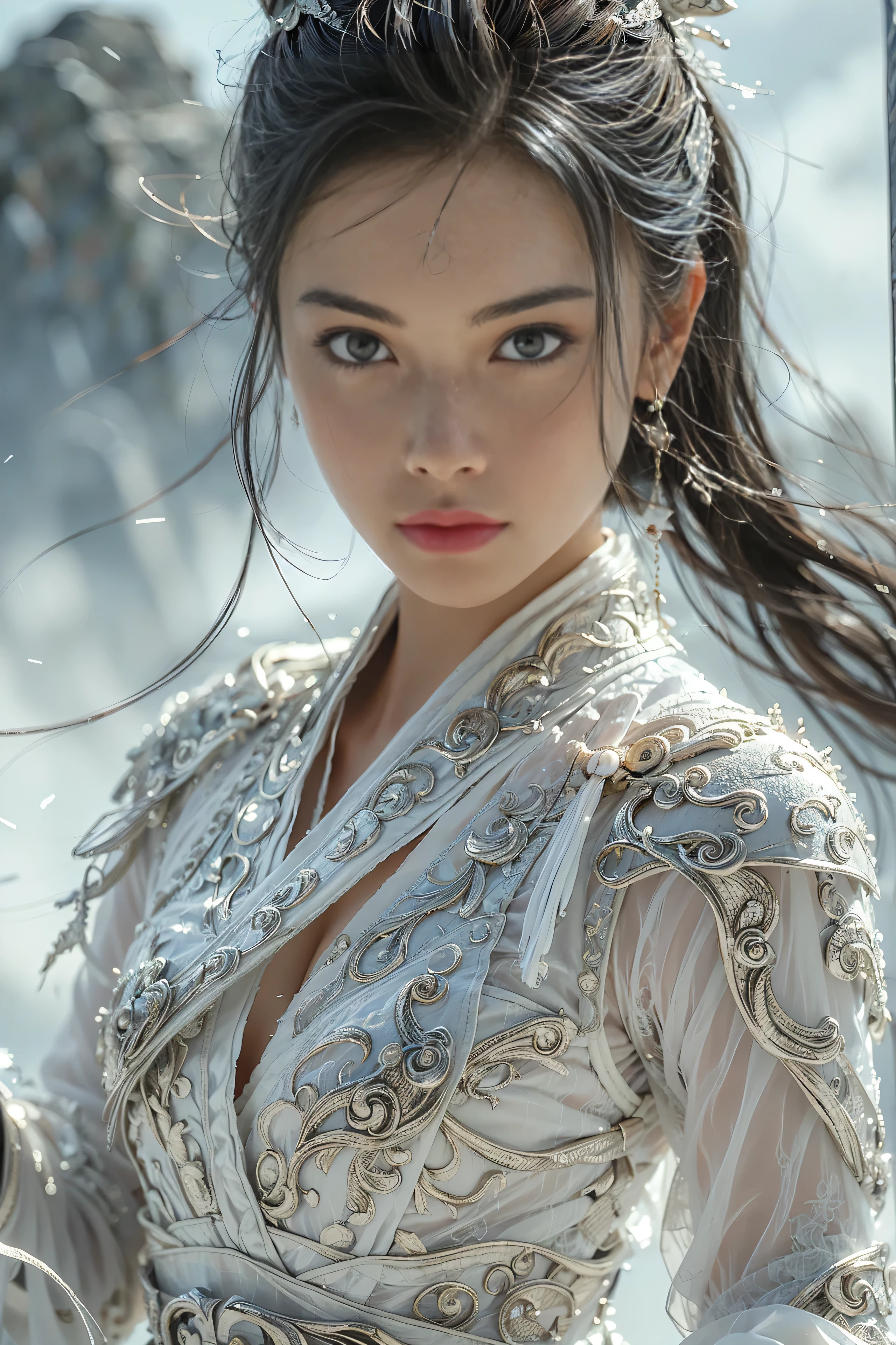 (masterpiece, RAW, 32K, UHD, hyper realistic, best quality), swordswoman,1girl (Beautiful face, supermodel) ,seductive smile, black hair ,blue sky, blurry, brown eyes ,closed mouth ,cloud ,day ,eyelashes ,grey eyes, holding sword, lips ,long hair, looking at viewer, mountain, snow ,solo ,sword ,water, weapon, wind ,winter, sword ,Hanfu, Masterpiece,Game art,The best picture quality,Highest resolution,8K,(Portrait),Unreal Engine 5 rendering works,(Digital Photography),((Portrait Feature:1.5)), 20 year old girl,Short hair details,With long bangs,(The red eye makeup is very meticulous),(With long gray hair:1.4),(Large, full breasts),Elegant and noble,Brave and charming, (Future armor combined with the characteristics of ancient Chinese armor,Hollow design,Power Armor,The mysterious Eastern runes,A delicate dress pattern,A flash of magic),Warrior of the future,Cyberpunk figures,Background of war, Movie lights,Ray tracing,Game CG,((3D Unreal Engine)),OC rendering reflection pattern
