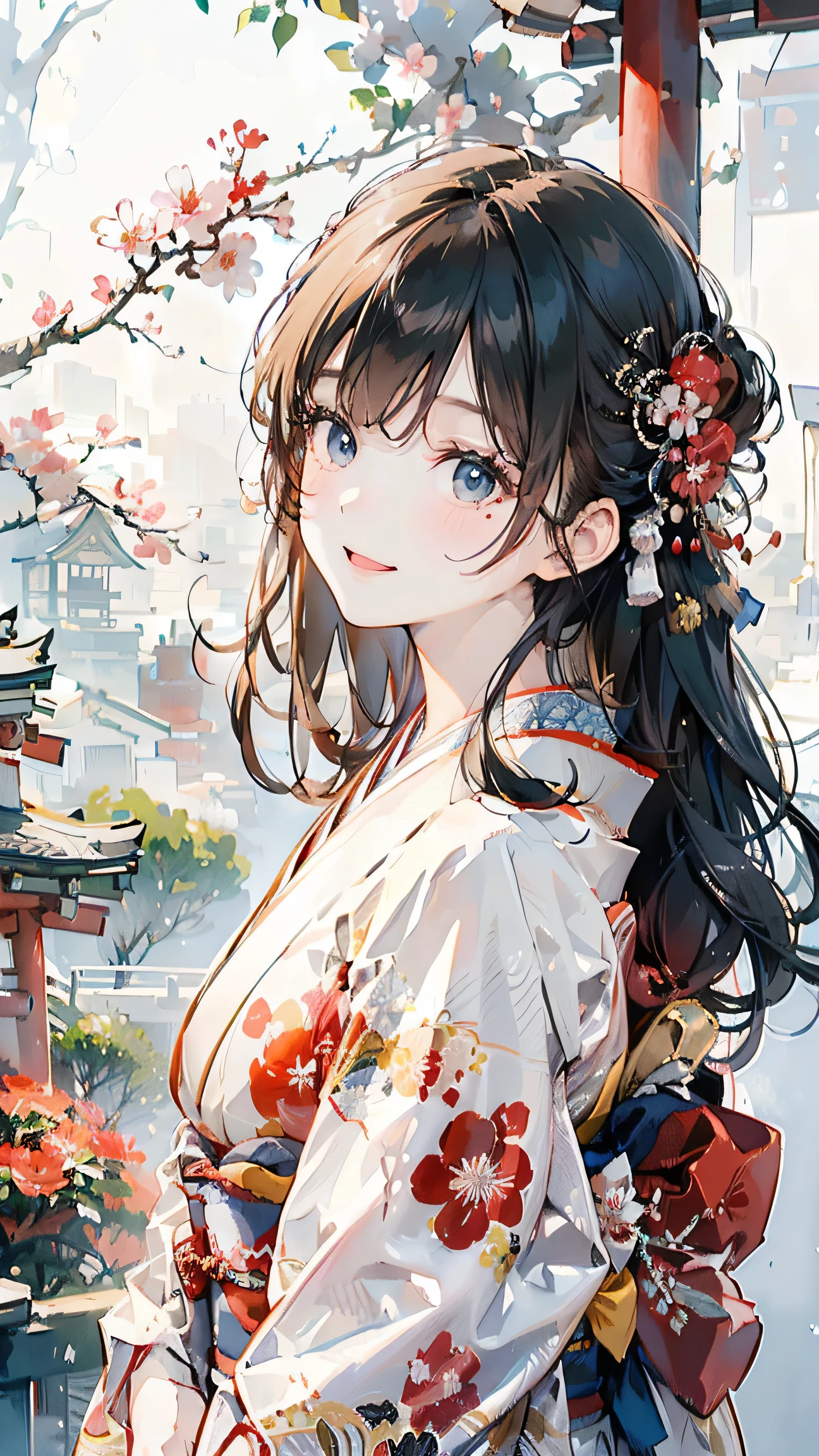 Realistic painting、 Line Art、  the style of ink painting is fused in a ratio of 2:3:5 ,(( PERFECTIVE ANATOMY,    anatomically accurate ,  Highly detailed skin )),   1 girl,  Japanese,   high school girl,   shiny skin ,   Big Breasts in the Temple :0.5,   looks up , Show view ,  beautiful hair,  facial beauty,   beautiful eyes with attention to detail  , (Medium-length hair:1.5,  Japanese hair:1.5),    black hair,   blue eyes,   ,   mole under eye on penis armpit, ((( red floral kimono ),  hair accessories)), ((smile:1.5,   open the mouth wide )), walk, (  beautiful scenery that radiates power ), spring,  (new year),((The background is the precincts  )), cherry blossoms, (8k,  best quality,  masterpiece:1.2,   extremely detailed), (  Photorealistic),   Beautiful Illustrations ,    natural light ,