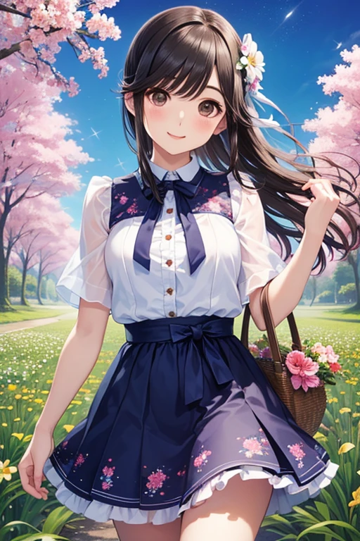 ​masterpiece, top-quality, 1girl, 独奏, long_hair, looking_at_viewer, Brown hair, brown-eyed, a smile, bangss, skirt by the, The shirt, long_sleeves, doress,  closed_mouth, florals, frilld, hair_flower, flower petals, flower bouquet, holding_flower, center_frills, holding_bouquet, flower  field, white backgrounid, vivd colour, lensflare, depth of fields, Dutch angle