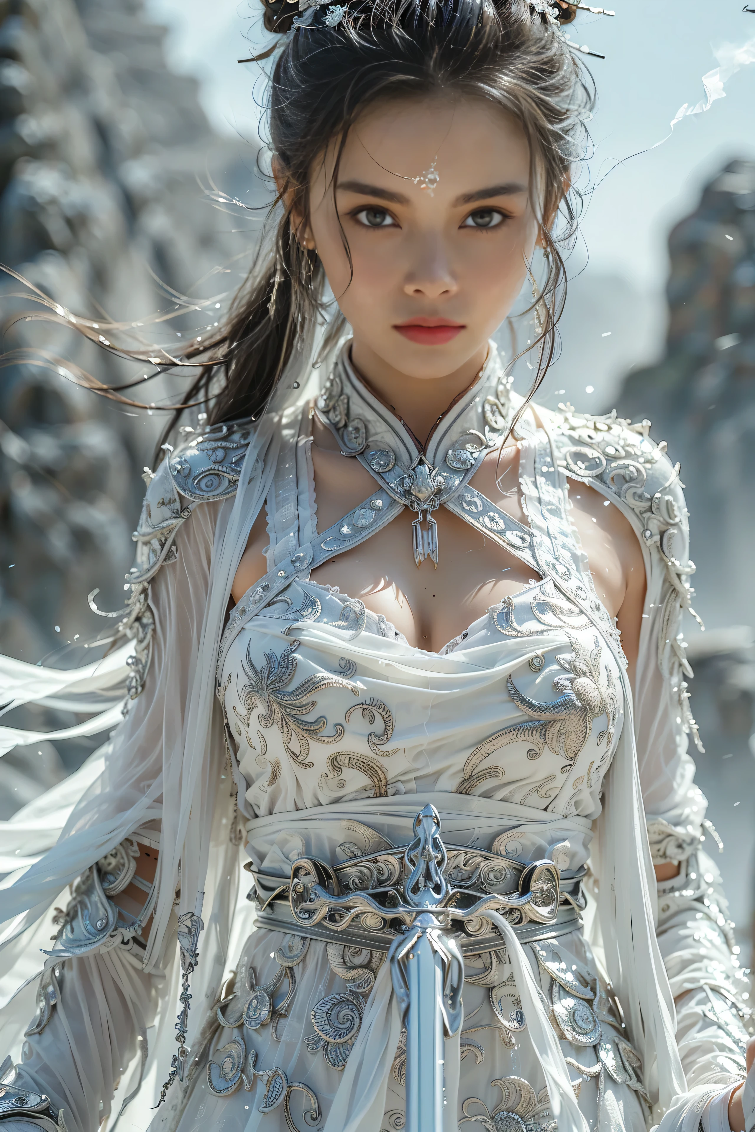 (masterpiece, RAW, 32K, UHD, hyper realistic, best quality), swordswoman,1girl (Beautiful face, supermodel) ,seductive smile, black hair ,blue sky, blurry, brown eyes ,closed mouth ,cloud ,day ,eyelashes ,grey eyes, holding sword, lips ,long hair, looking at viewer, mountain, snow ,solo ,sword ,water, weapon, wind ,winter, sword ,Hanfu, Masterpiece,Game art,The best picture quality,Highest resolution,8K,(Portrait),Unreal Engine 5 rendering works,(Digital Photography),((Portrait Feature:1.5)), 20 year old girl,Short hair details,With long bangs,(The red eye makeup is very meticulous),(With long gray hair:1.4),(Large, full breasts),Elegant and noble,Brave and charming, (Future armor combined with the characteristics of ancient Chinese armor,Hollow design,Power Armor,The mysterious Eastern runes,A delicate dress pattern,A flash of magic),Warrior of the future,Cyberpunk figures,Background of war, Movie lights,Ray tracing,Game CG,((3D Unreal Engine)),OC rendering reflection pattern