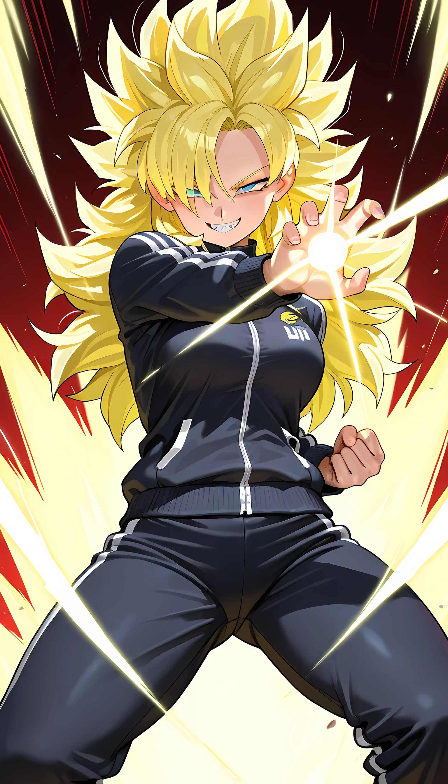 (masterpiece, best quality, amazing quality, very aesthetic, absurdres, newest:1), masterpiece,best quality,amazing quality, 1girl,solo,solo girl,long hair,((messy hair)), hair over one eye, bags under eyes , jitome ,half closed eyes,grin ,sharp teeth,medium breasts,(black tracksuit),super saiyan,super saiyan aura , super saiyan,super saiyan aura ,kamehameha pose