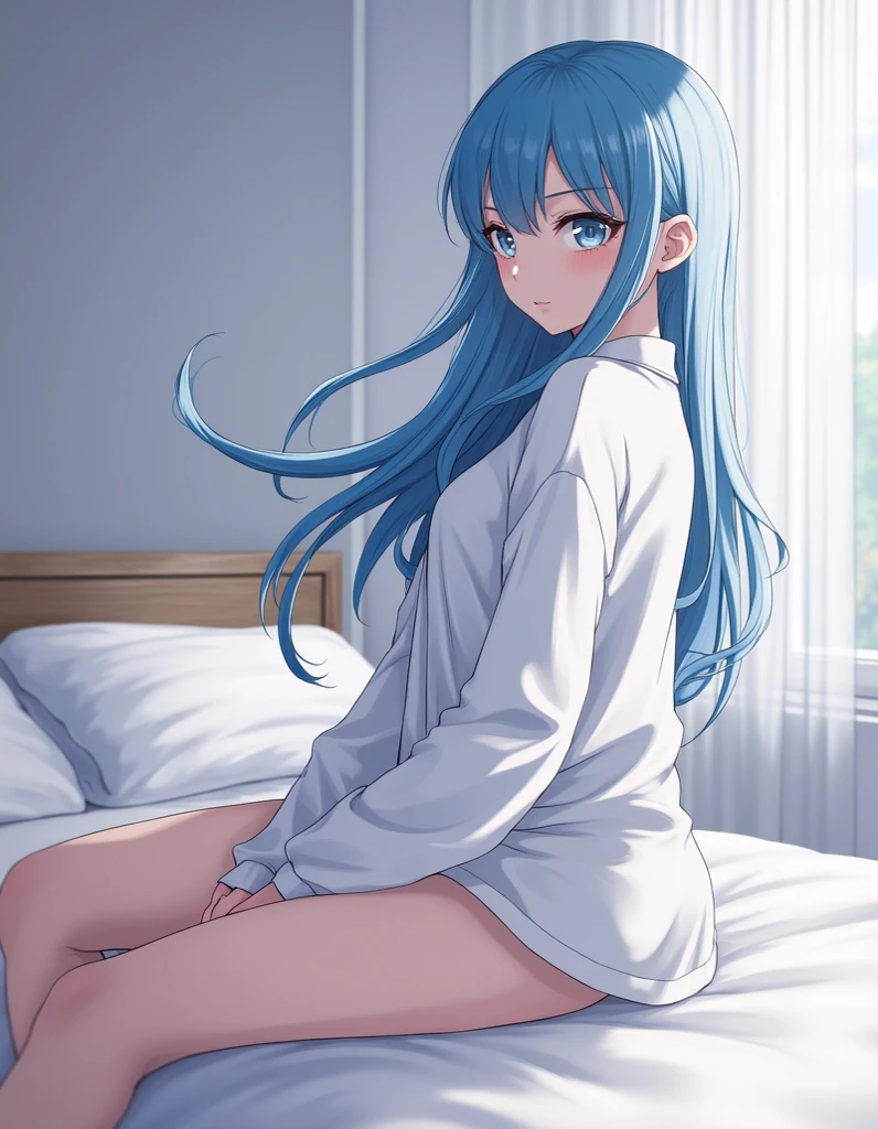 lying in bed, , , Anime girl, Blue hair and eyes, blue skirt, back view, blushed, shy, excited, in white shorts, Very , Growing , cat ears, white and blue bed, masturbation, lying on his stomach, looks at me, vulgar, Sex toy in the vagina, dildo