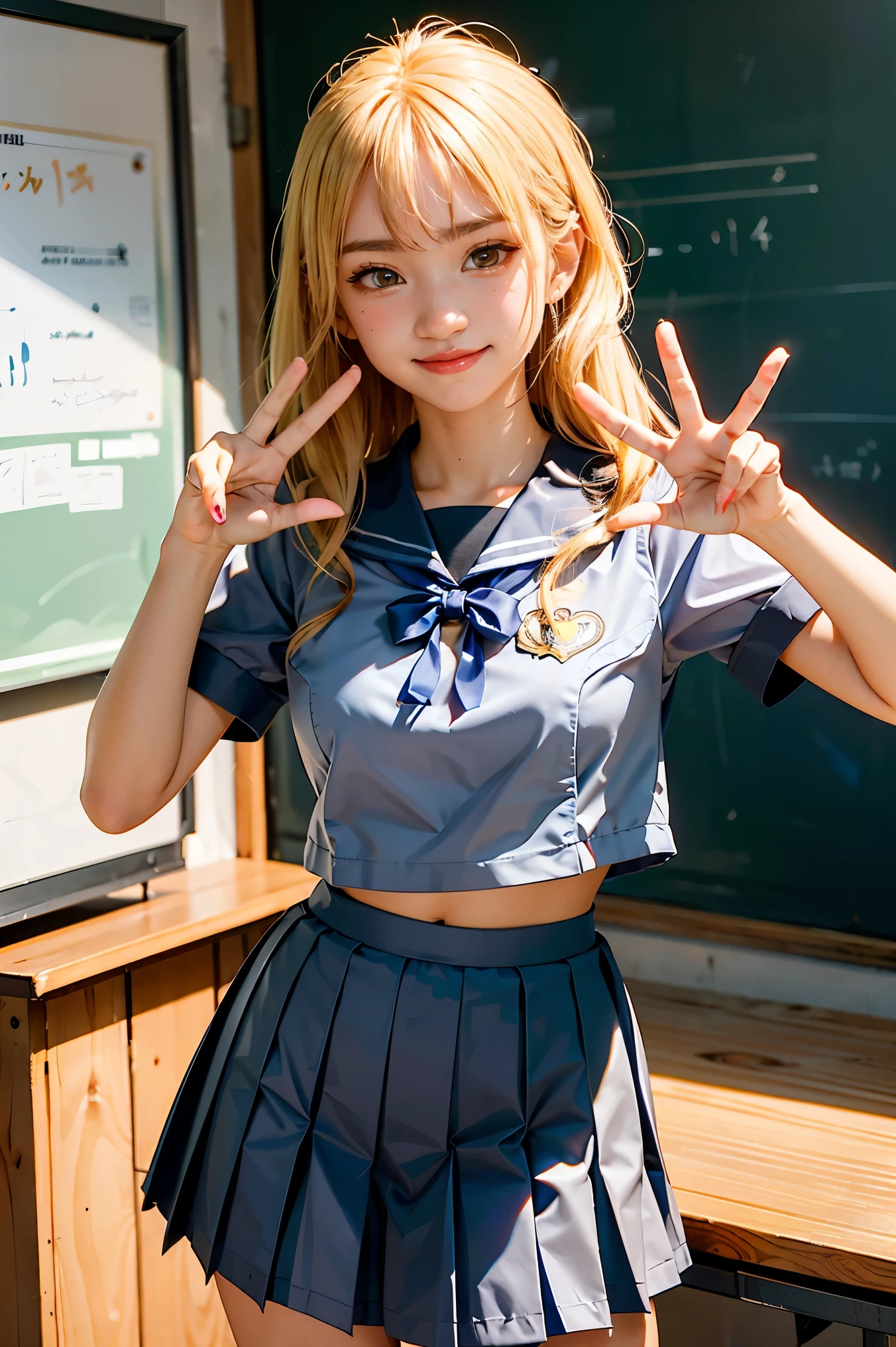 ((year {2021}, masterpiece, high score, great score, absurdres)), anime style, 1 female, ( blonde, wave hair, asymmetrical left and right bangs , Heart Hairpin, small face, beautiful skin, smile), Beautiful and shining eyes, glossy lips , very detailed eyes and face, long eyelashes, ( school uniform , sailor suit, Cropped Tops , Gray Pleated Skirt), cute pose , V sign with both hands, hand sign, looks up at viewers , cowboy shot, School Scene, Classroom background, Quiet, light shining in , perfect face, Perfect Hands, PERFECT LEGS , perfect fingertip