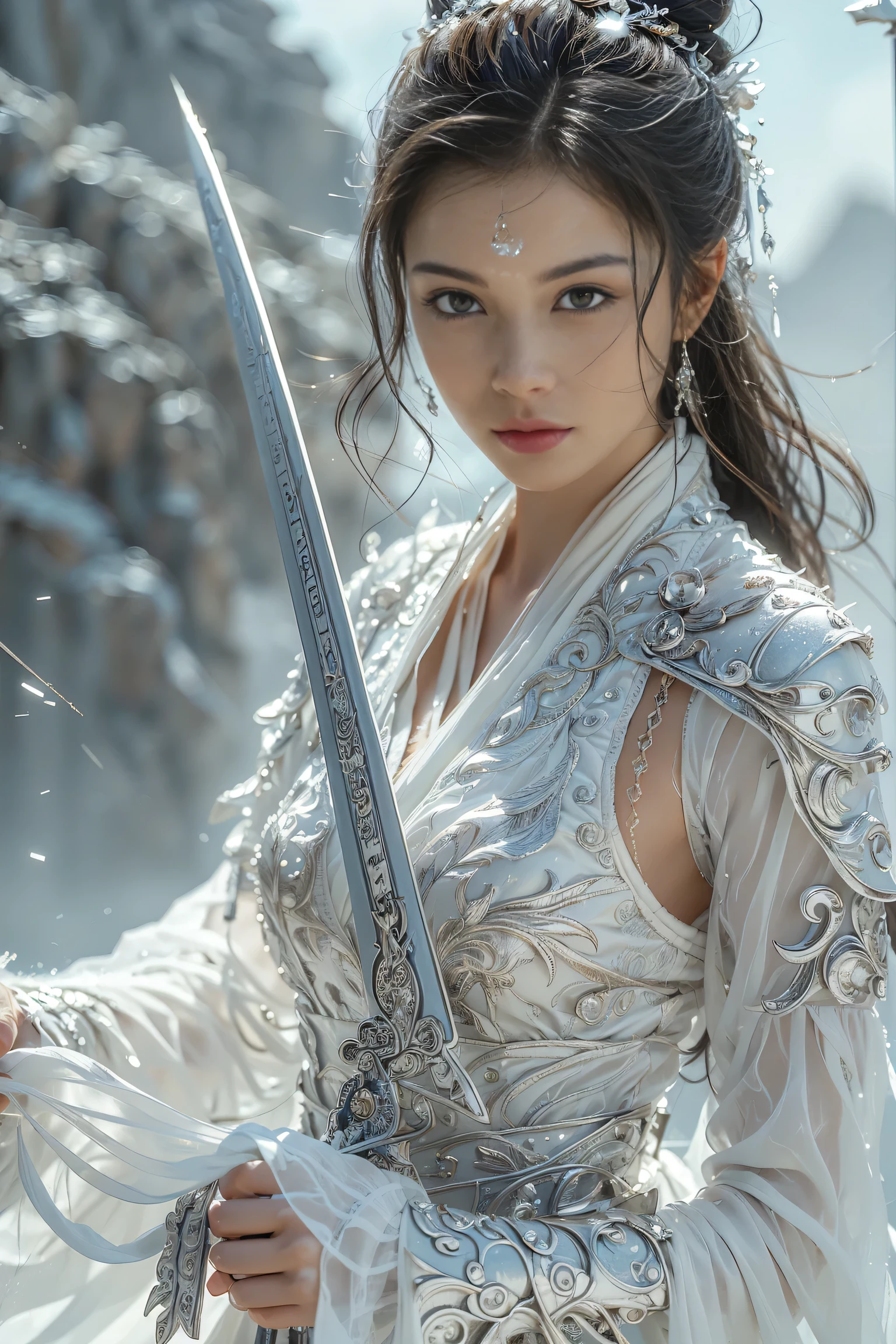 (masterpiece, RAW, 32K, UHD, hyper realistic, best quality), swordswoman,1girl (Beautiful face, supermodel) ,seductive smile, black hair ,blue sky, blurry, brown eyes ,closed mouth ,cloud ,day ,eyelashes ,grey eyes, holding sword, lips ,long hair, looking at viewer, mountain, snow ,solo ,sword ,water, weapon, wind ,winter, sword ,Hanfu, Masterpiece,Game art,The best picture quality,Highest resolution,8K,(Portrait),Unreal Engine 5 rendering works,(Digital Photography),((Portrait Feature:1.5)), 20 year old girl,Short hair details,With long bangs,(The red eye makeup is very meticulous),(With long gray hair:1.4),(Large, full breasts),Elegant and noble,Brave and charming, (Future armor combined with the characteristics of ancient Chinese armor,Hollow design,Power Armor,The mysterious Eastern runes,A delicate dress pattern,A flash of magic),Warrior of the future,Cyberpunk figures,Background of war, Movie lights,Ray tracing,Game CG,((3D Unreal Engine)),OC rendering reflection pattern