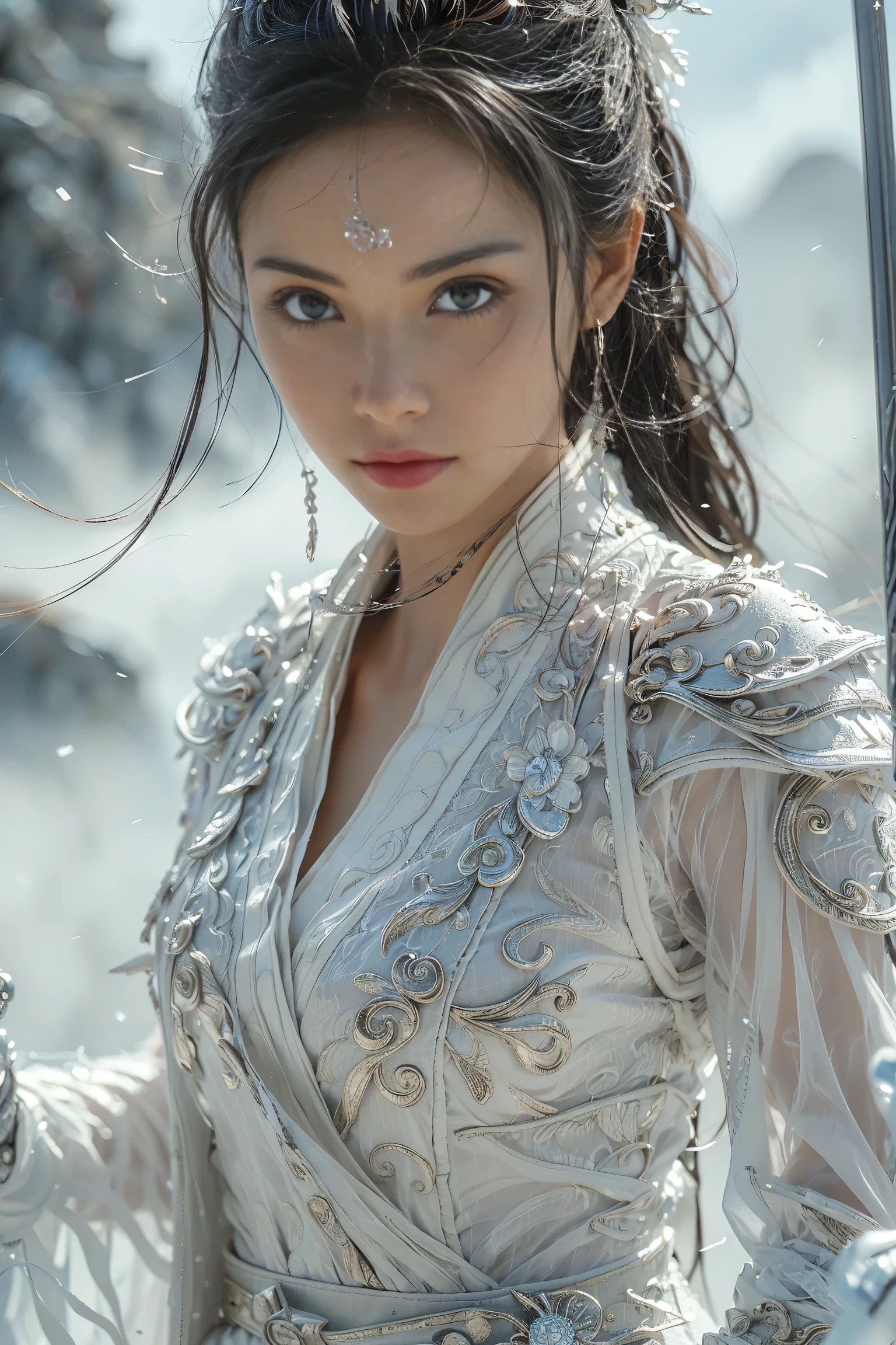 (masterpiece, RAW, 32K, UHD, hyper realistic, best quality), swordswoman,1girl (Beautiful face, supermodel) ,seductive smile, black hair ,blue sky, blurry, brown eyes ,closed mouth ,cloud ,day ,eyelashes ,grey eyes, holding sword, lips ,long hair, looking at viewer, mountain, snow ,solo ,sword ,water, weapon, wind ,winter, sword ,Hanfu, Masterpiece,Game art,The best picture quality,Highest resolution,8K,(Portrait),Unreal Engine 5 rendering works,(Digital Photography),((Portrait Feature:1.5)), 20 year old girl,Short hair details,With long bangs,(The red eye makeup is very meticulous),(With long gray hair:1.4),(Large, full breasts),Elegant and noble,Brave and charming, (Future armor combined with the characteristics of ancient Chinese armor,Hollow design,Power Armor,The mysterious Eastern runes,A delicate dress pattern,A flash of magic),Warrior of the future,Cyberpunk figures,Background of war, Movie lights，Ray tracing，Game CG，((3D Unreal Engine))，OC rendering reflection pattern