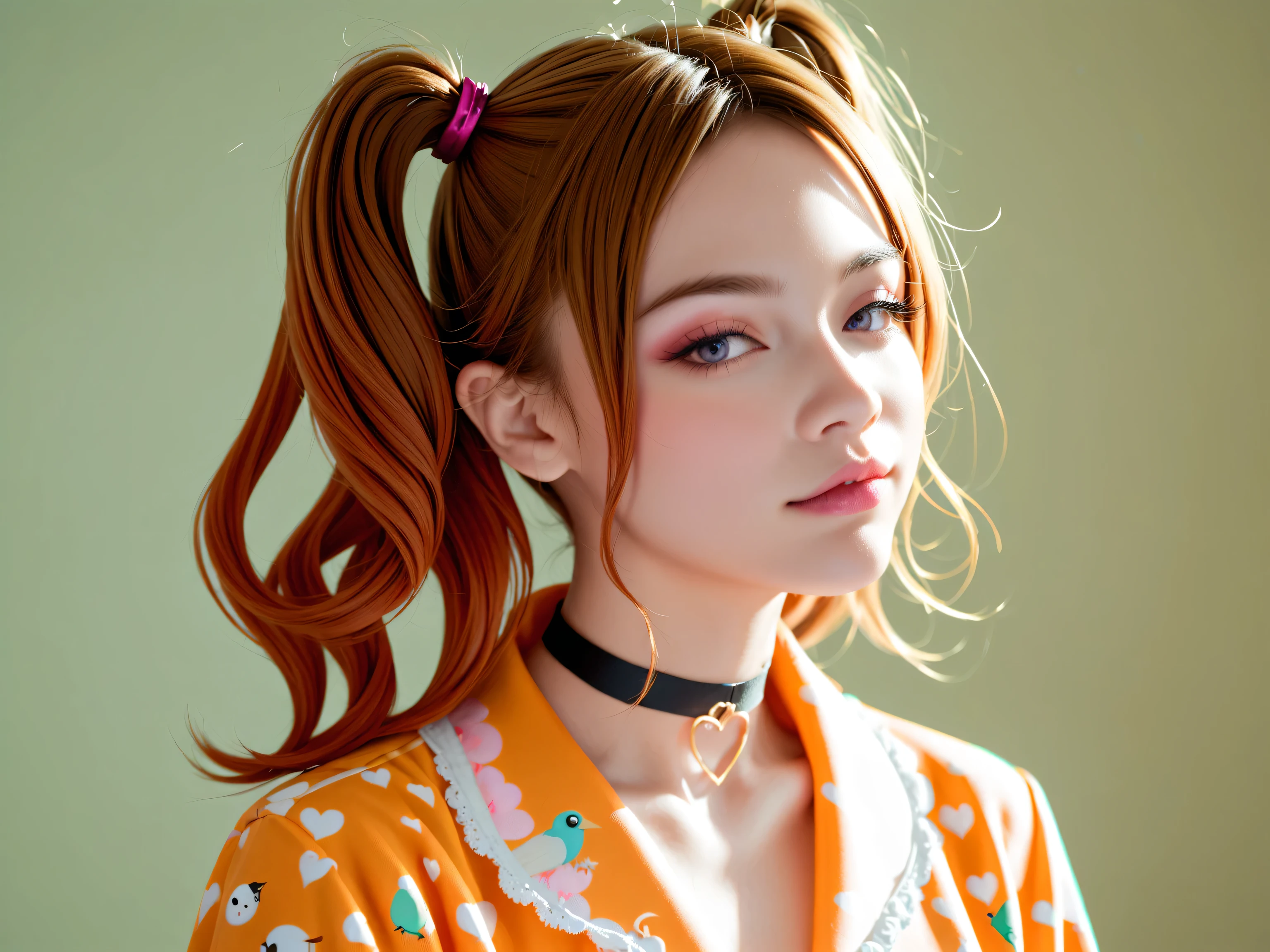  1 girl,（Captivating quality：1.4），（ Top Quality Real Skin ), delicate face, pink twin tails,  gradation hair , （ perfect body：1.1）， heart choker、 long eyelashes, green,  hyperrealism,  cinematic lighting, Projected Inset,  Surrealism, Hyper HD,  Masterpiece，Make your dreams come true， wear clear silk pajamas,Carmelite， tattoo， fantasy space where small birds show their faces，Luxurious space