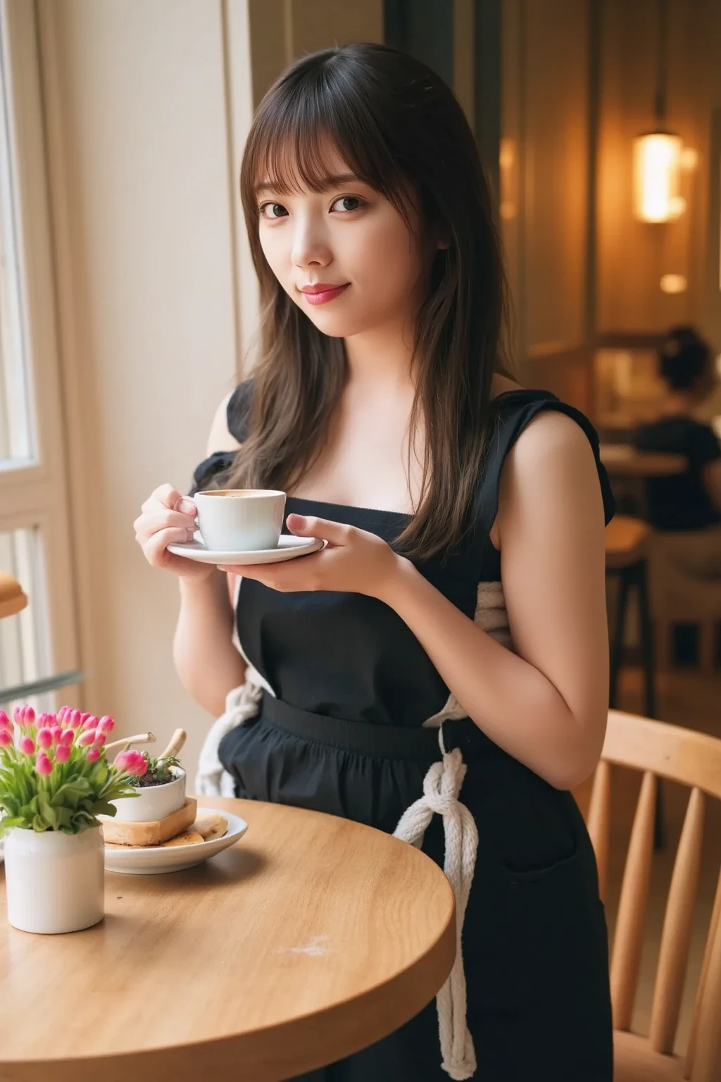 score_9, score_8_up, score_7_up, BREAK rating_explicit,(photo-realistic:1.2),(professional photo), realistic photo,subsurface scattering, volumetric lighting, light from the front, BREAK 1 female,22years old,kawaii,((Japanese)),Japanese idol face,black hime cut hair with side bangs,realistic skin texture,solo,kawaii, perfect body, BREAK (wearing pastel off shoulder top), BREAK (light brown long skirt,sandals),(pale skin),(slender body:1.2),(small breasts),large hip, (blushing),day,bluesky,cafe,(sitting on chair),(hot coffee & 1 cake on the table),from head to knee shot,visible shadow of erect nipples,smile,(small oval Glasses),