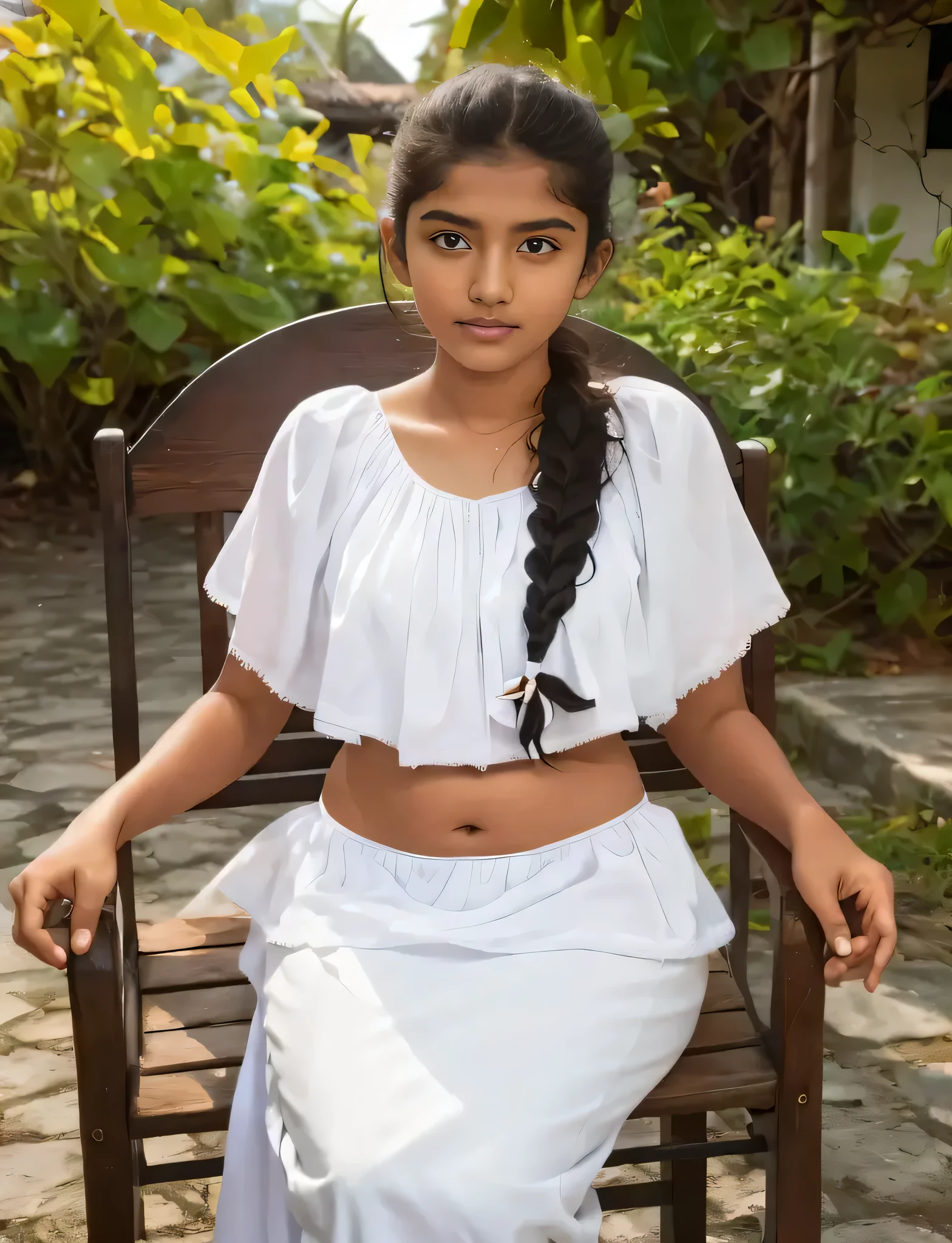 Raw photo , 20 yo old 1 girl ,Wearing white traditional clothes ,sri lanka cute 20 years old girl , with plait ,sexy , sitting on the chair, bellybutton visible, professional photographer, (hdr:1.4), masterpiece, ultra-realistic 8k, perfect artwork, intrincate details, cute face, award winning photograph, (Best quality, 8k, 32k, Masterpiece, UHD:1.3) ,