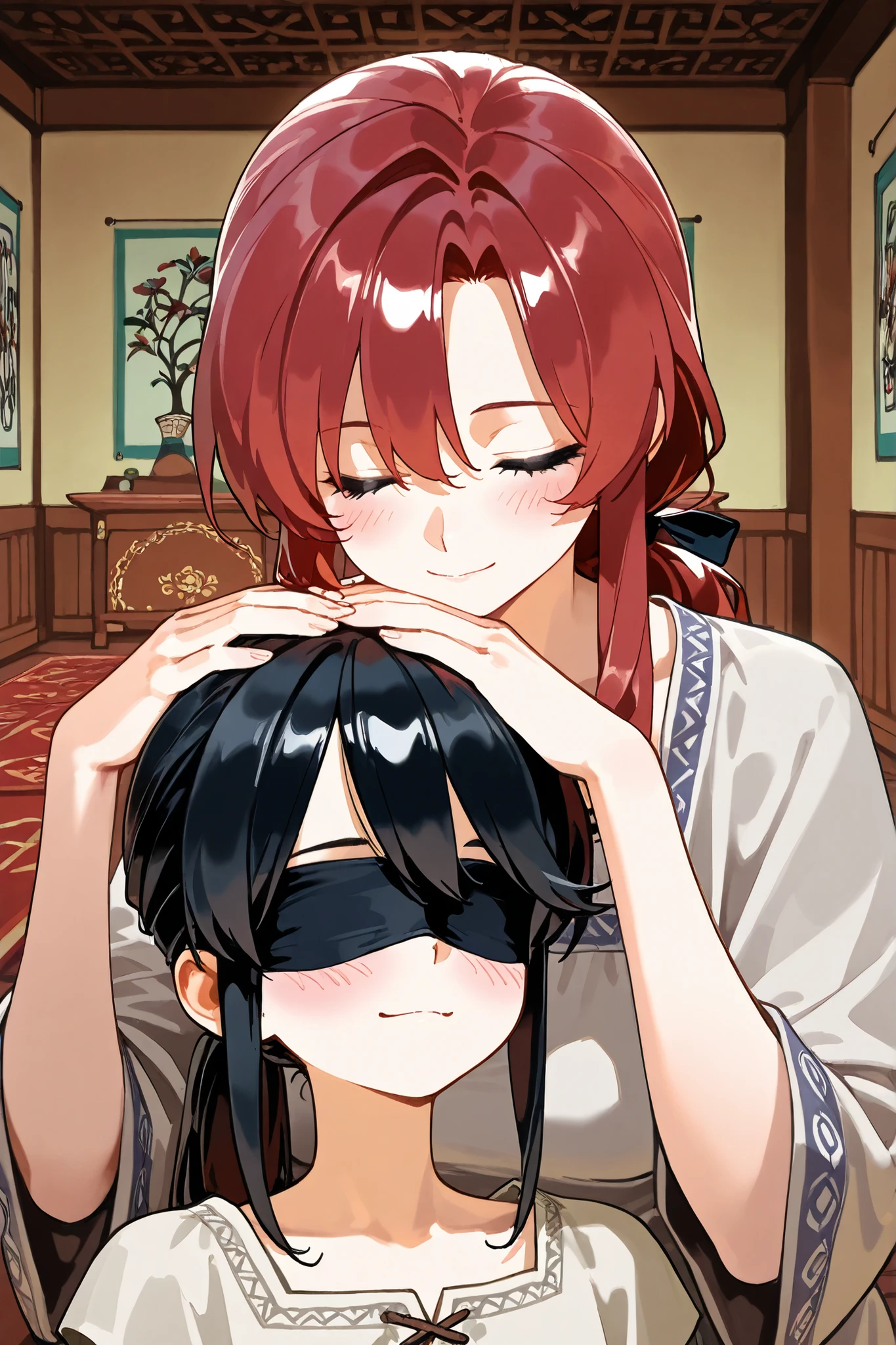 best quality, masterpiece, highest resolution, 2girl, (closed eyes, small smile, red hair, long hair, mature, Robe, pat on the head) and (black hair,black eyes, blush, ponytail, Linen Tunic, traditional oriental room,black blindfold)