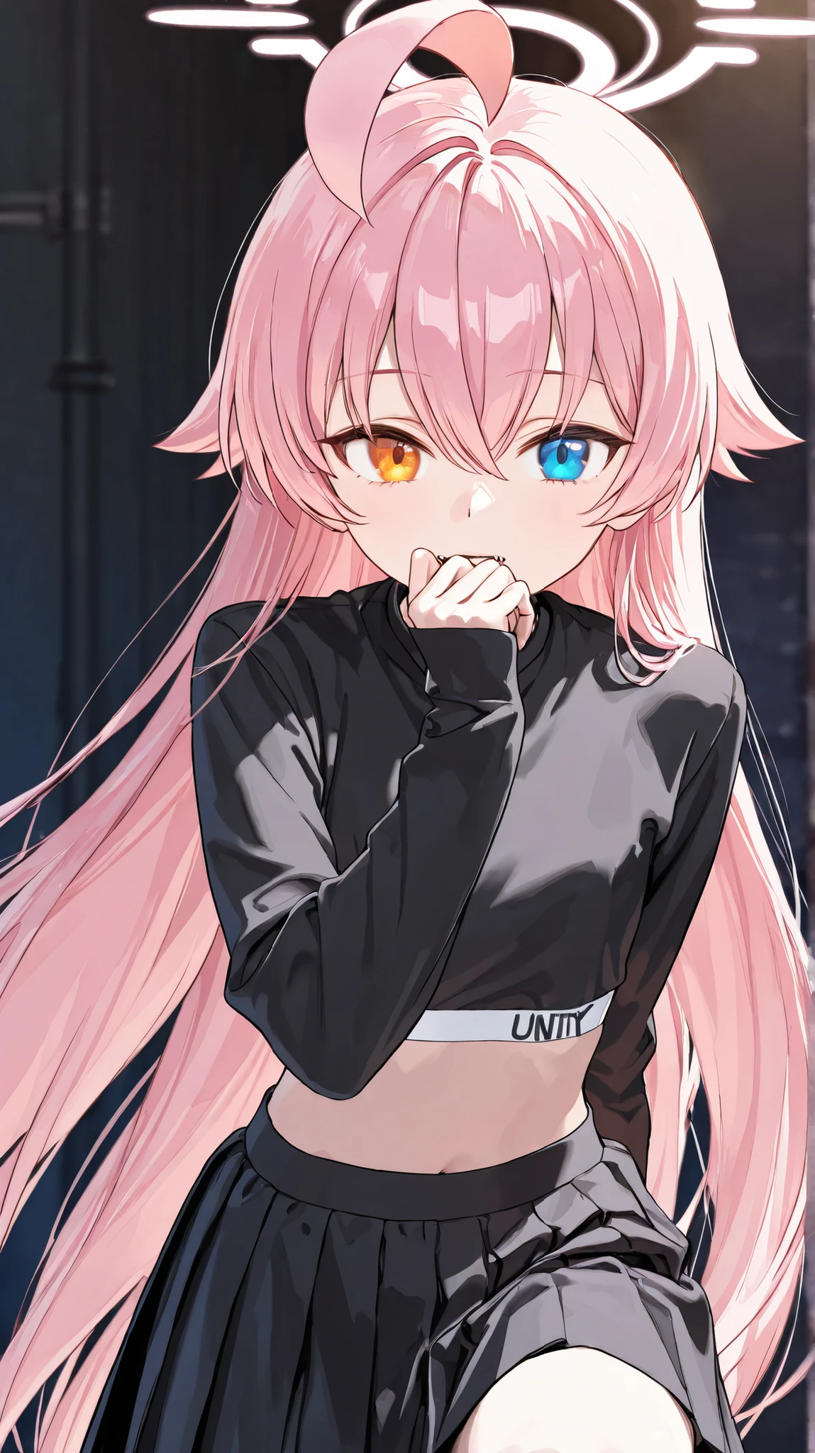 ( very detailed 8k Unity CG wallpaper ), blue archive, Hoshino Takanashi , pink hair , blue heterochroism (right) And orange ( left ) eye, alone, fangs, Pink and black two-tone hair, ( wearing clothes),(Soft dark ) Straight long hair, close your mouth, expressionless, (Black) loose crop top , Black skirt hip up to knee, posing to show off clothes
