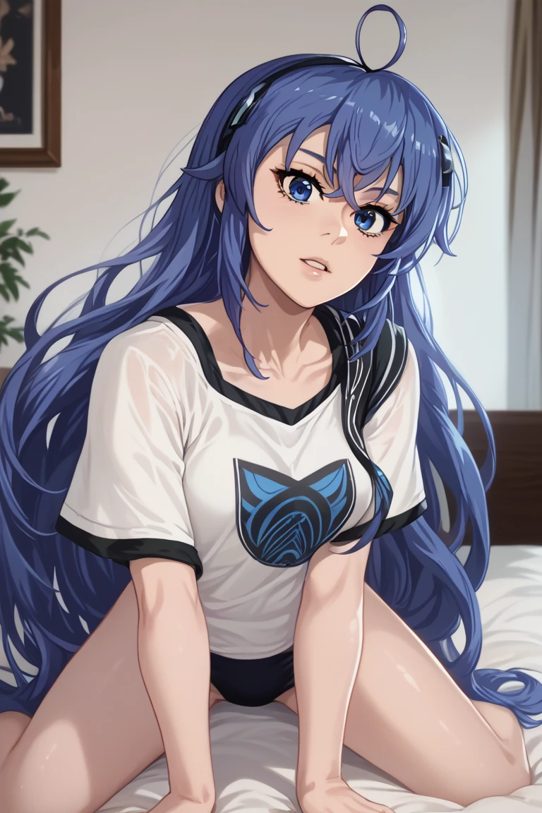 Mature medium long hair sexy cute girl wearing blue hair purple crop and panrolon 8k quality sharp lines Cute girl Background girls' children's room A happy girl