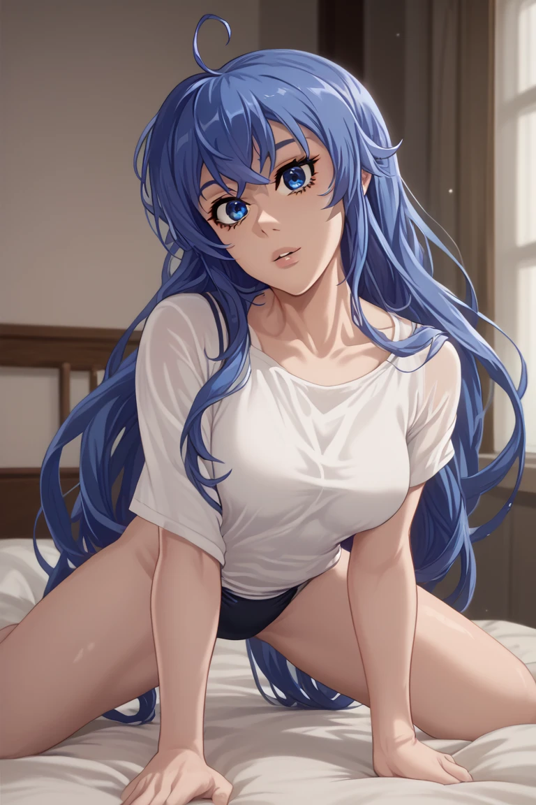 Anime art, a 15 year old girl Dark blue  long pony hair, sexy, wearing a white t-shirt, bare shoulders, Ideal body, In the hospital, Hot, Two braids Hair, Big breasted, Close view, Slightly visible cleavage, blue eyes, blue eyes, Dark blue hair