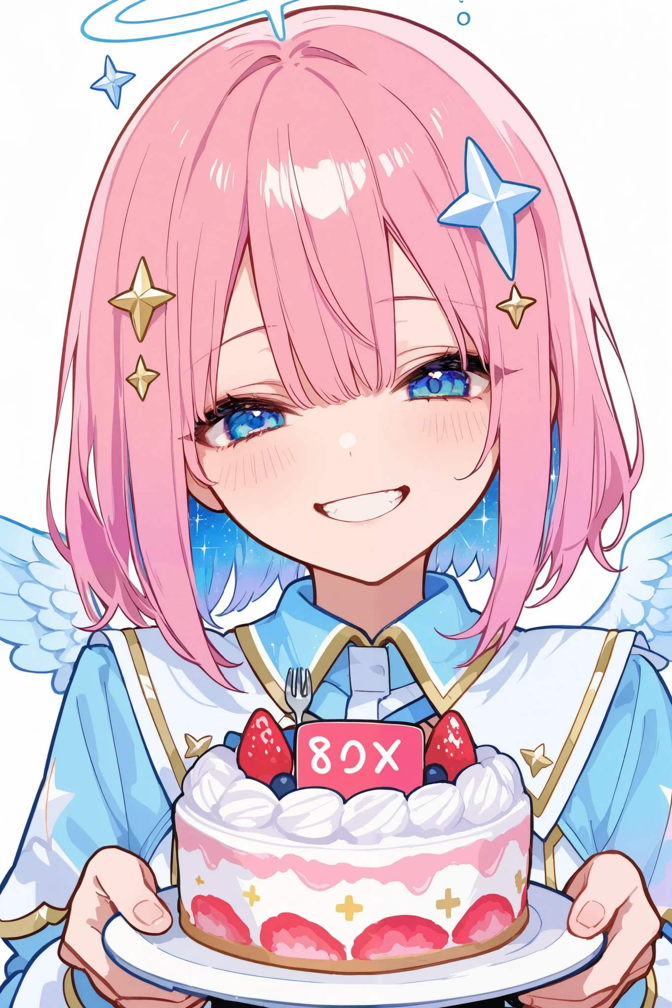 General,xxx667_illu,748cmstyle,trk,pop art, pop Art,Etching,best quality,highly detailed,chibi style,1girl,long pink hair,white and blue angelic outfit,small wings,holding cake and fork,smiling happily,celestial hair ornament,white background,playful mood,simple and cute design,bright and cheerful atmosphere