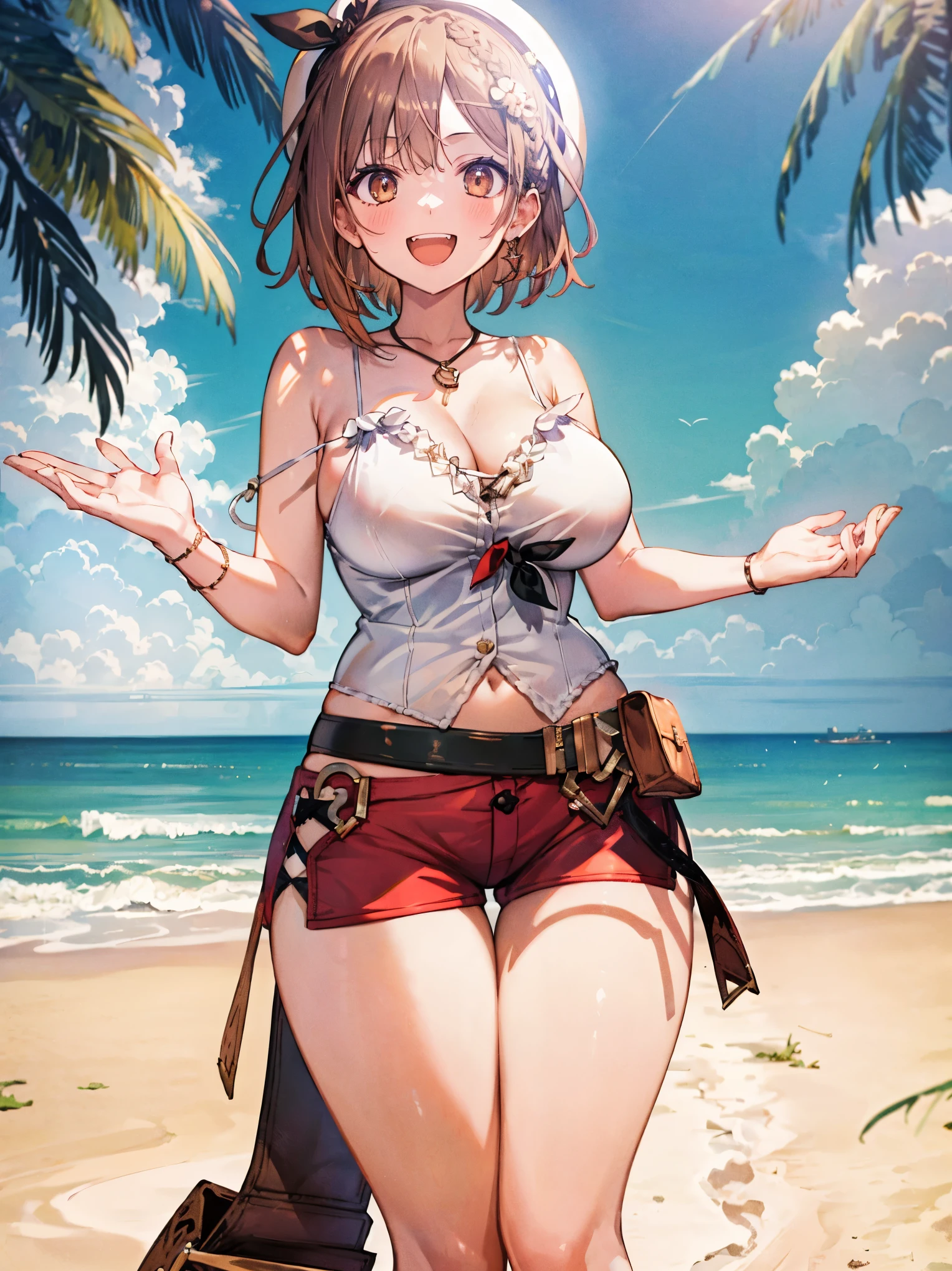 hand bra、Hide your with your hands、one-piece swimsuit, strap slip、nsfw, nipples、Chestnut Hair、Red swimsuit、Sandy Beach、Ocean、one-piece swimsuit, strap slip、Sandy Beach、Wet、Blushing、