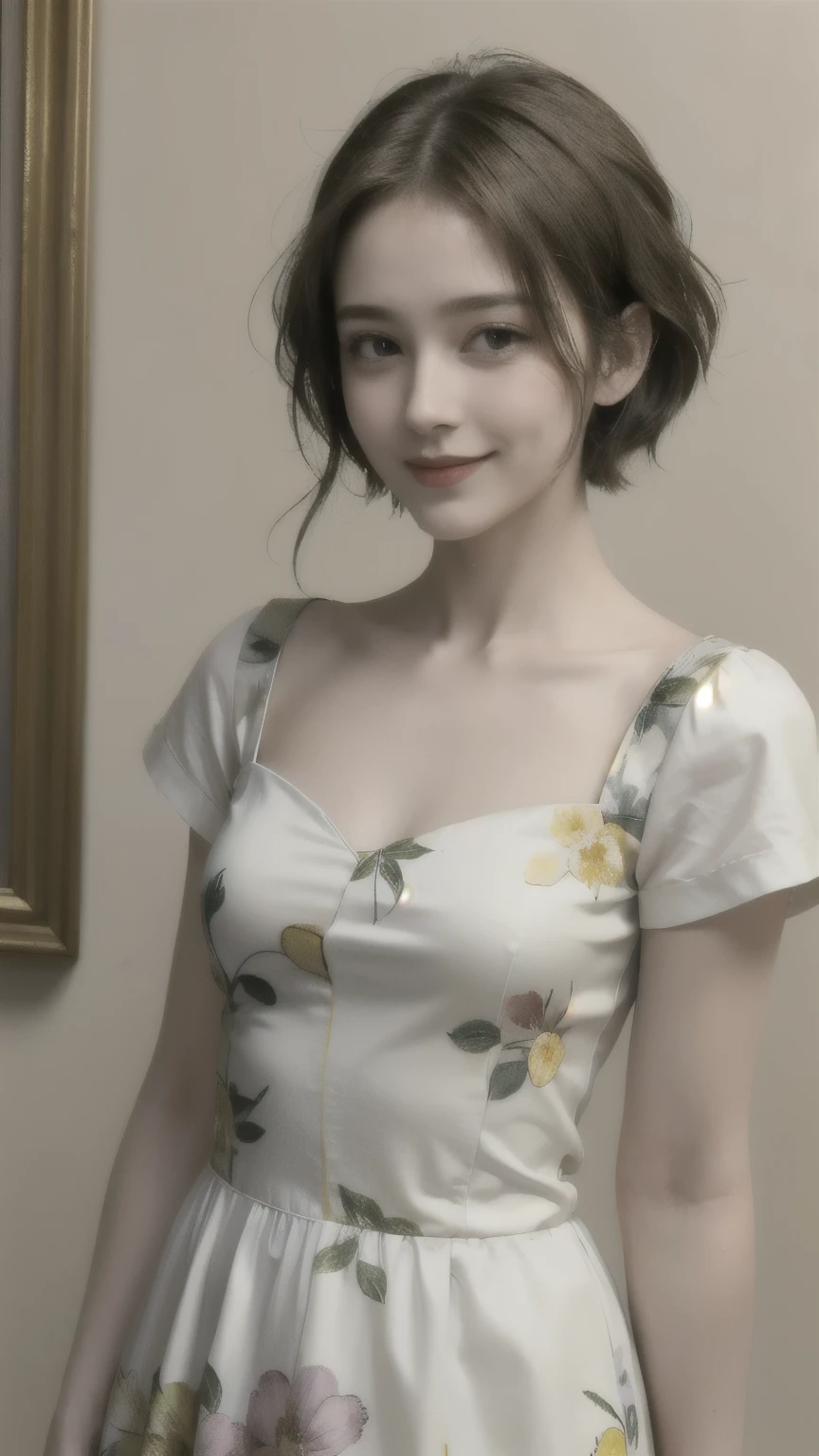 358 (20-year-old woman),( short hair ), ( High Definition Photos ), (smile), (colorful floral dress), (Leonardo da Vinci paintings)