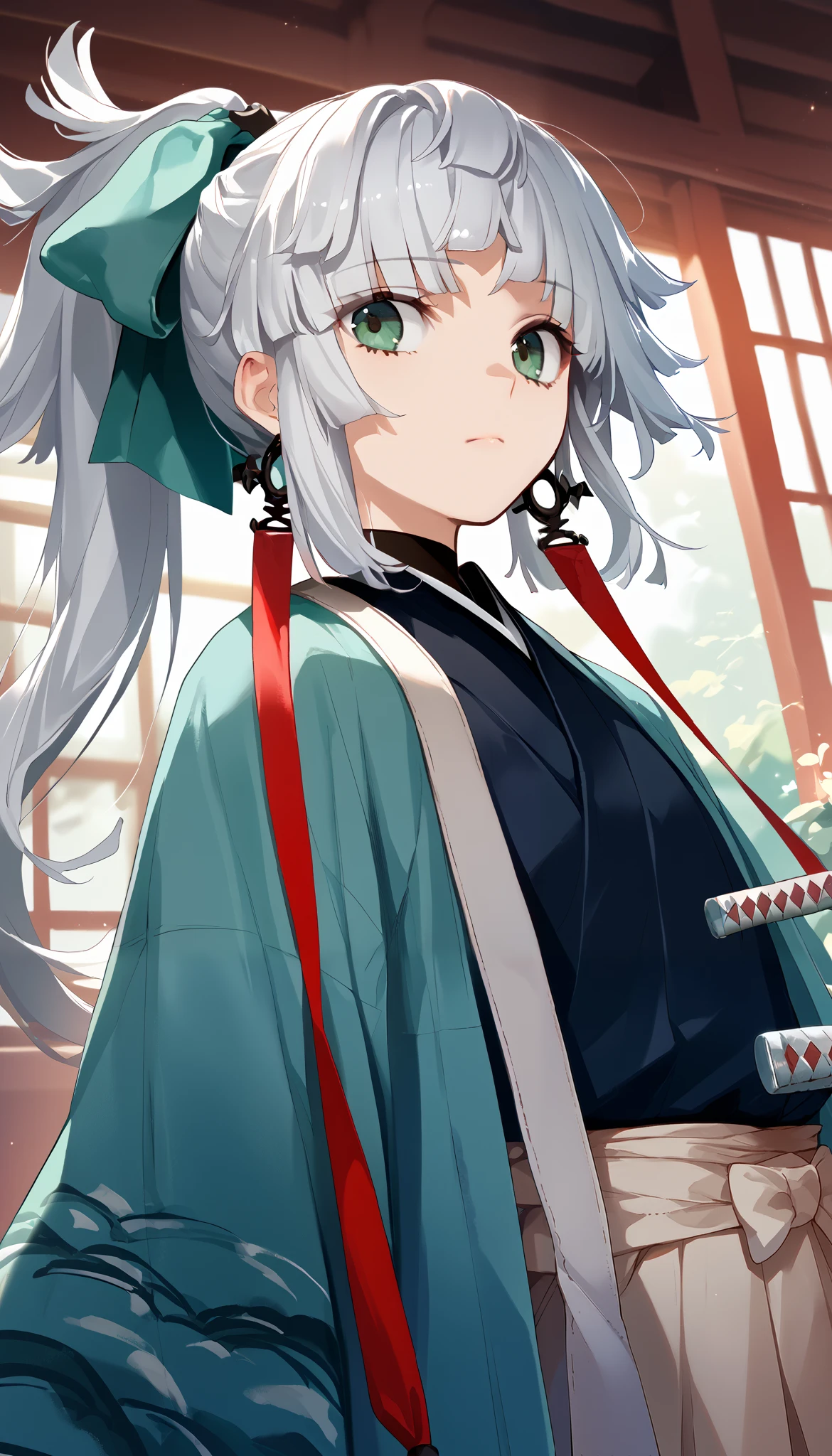 score_9, score_8_up, score_7_up, score_6_up, score_5_up, score_4_up, source_anime,newest,game cg,dutch angle,yui_shousetsu, green eyes, white hair, long hair, sidelocks, ponytail, braided hair rings, hair ribbon, green ribbon, earrings, jewelry,
thigh cutout, two-tone bodysuit, white bodysuit, skin tight, long sleeves, armpit cutout, black gloves, covered navel, vertical-striped, black footwear