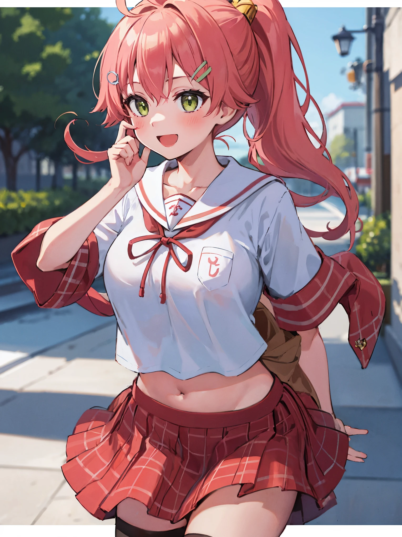 masterpiece, best quality, 1 girl, solo, MikoSchool,ahoge,pink_hair,(short_ponytail:1.3), hairclip, white shirt, sailor_collar, pink_skirt, plaid, white_thighhighs, short_sleeves,  looking through legs,big_smile,large_breasts,midriff,happy, excited,open_mouth,large_droopy_eyes