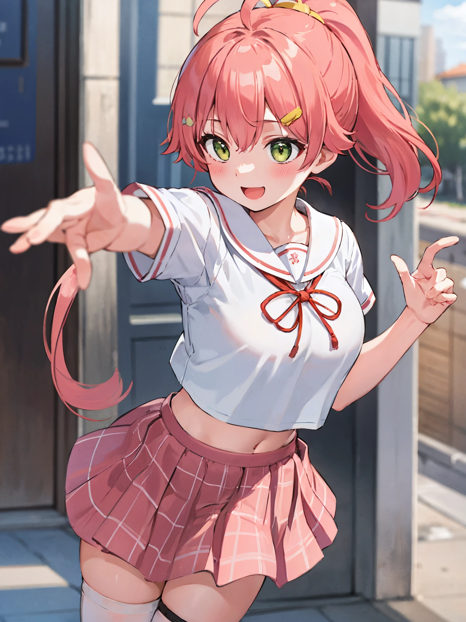 masterpiece, best quality, 1 girl, solo, MikoSchool,ahoge,pink_hair,(short_ponytail:1.3), hairclip, white shirt, sailor_collar, pink_skirt, plaid, white_thighhighs, short_sleeves,  looking through legs,big_smile,large_breasts,midriff,happy, excited,open_mouth,large_droopy_eyes