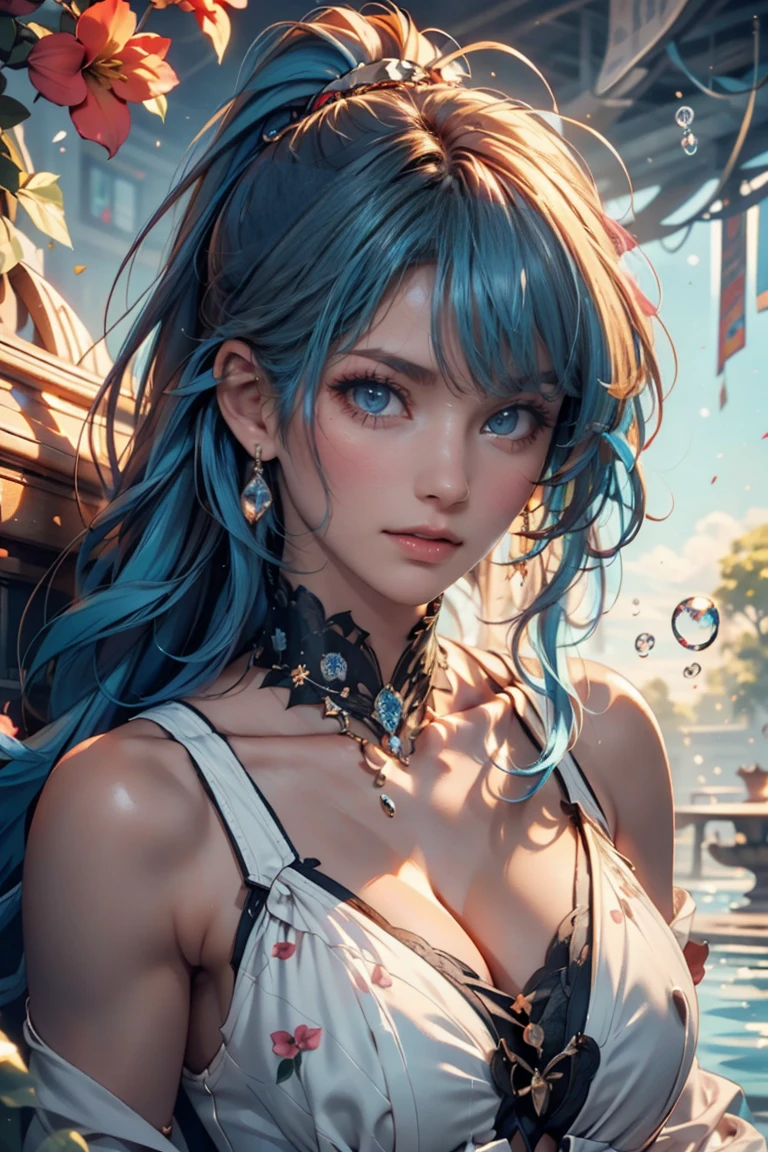 (masterpiece), (Highest quality), (Super detailed),(Disheveled Hair),(figure), (One girl), (Fashionable clothes), Are standing, Fashion Model, View your viewers, (interview), (Simple Background),Beautiful attention to detail, Delicate and beautiful face, floating,(High saturation),(Colorful splashes),Colorful Bubbles,(The Shining), Focus on the face, ponytail, kamisato ayaka, Light blue hair, bangs, Hair Ring, Floating Flowers, Floating hair, (The Shining), Best lighting, Best Shadow,