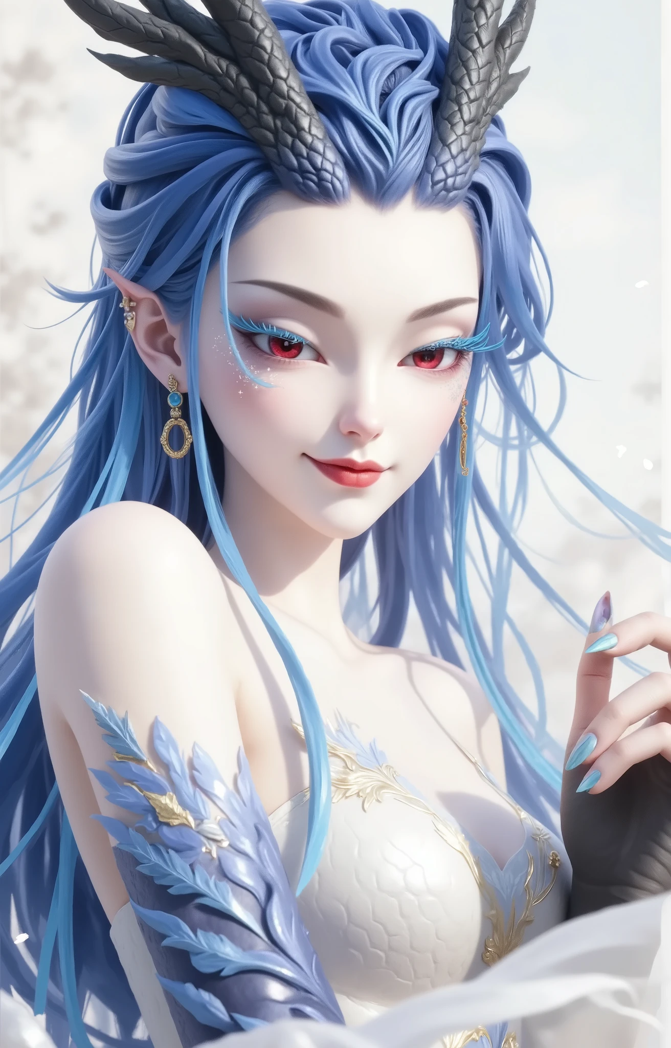 Dragon Girl, Unique , blue hair, She will freeze magic, red eyes,Blue eyelashes,She will freeze magic, red eyes,Blue eyelashes, huge chest , Exposed , huge chest , huge breasts, reveals breasts, huge chest , huge breasts, huge chest , huge breasts, huge breasts, huge chest , huge breasts, reveals breasts