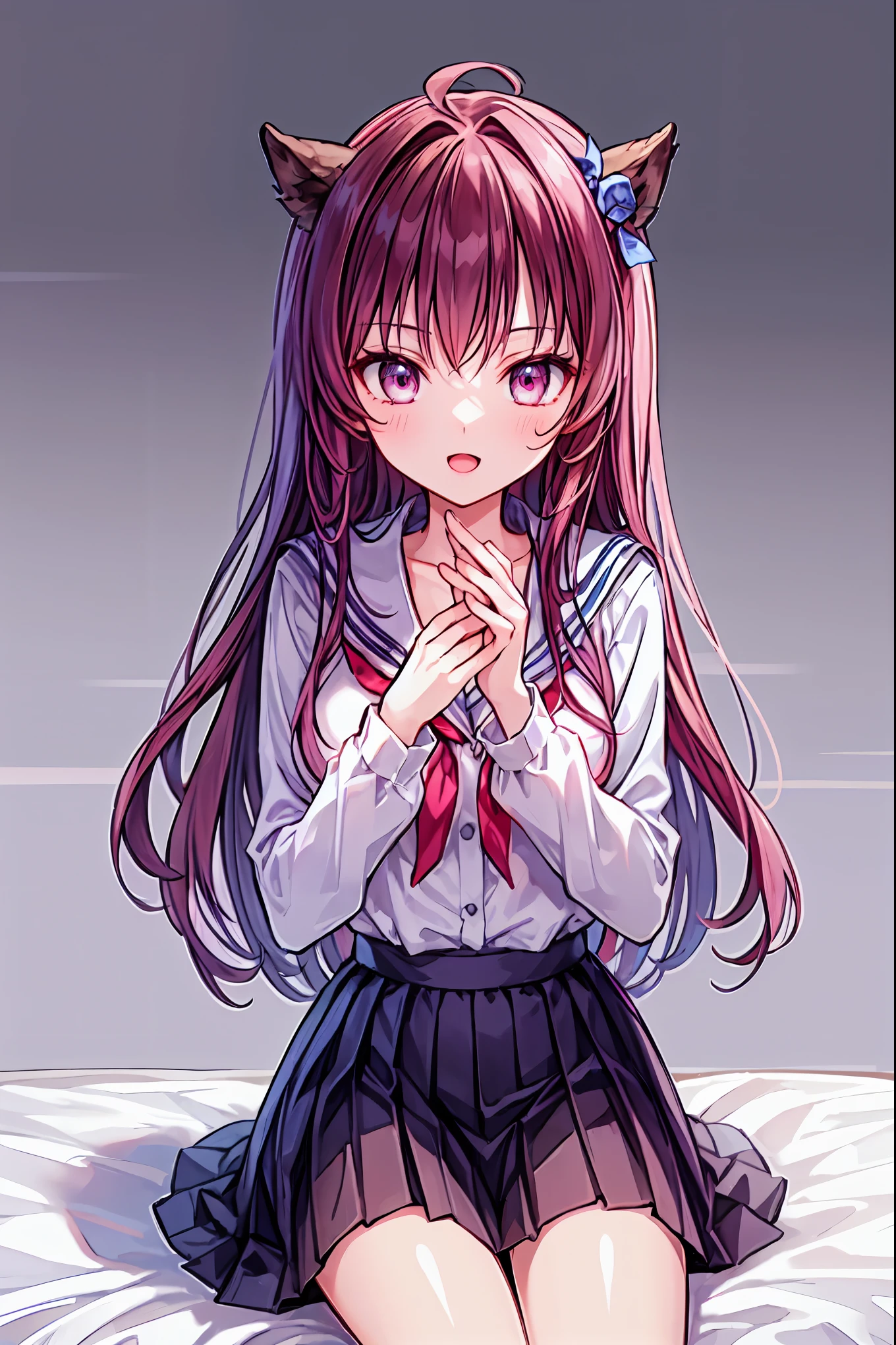 8k, best quality, masterpiece, highly detailed , super high resolution, by Nomi, RAW Photo, super high resolution, Small face compared to body, very small face , black hair, female high school student in a navy blue sailor suit, animated 2d rendering, by Nomi若いアニメの女子高生, (( white headband )), purple eyes, small breasts, tall , Slanted Eyes , (School view), black stockings , bright color, open your mouth , dark blue skirt , braided hair, Buns pats, Location, Bedroom Bed , lie face down, Put on your chin , smile,