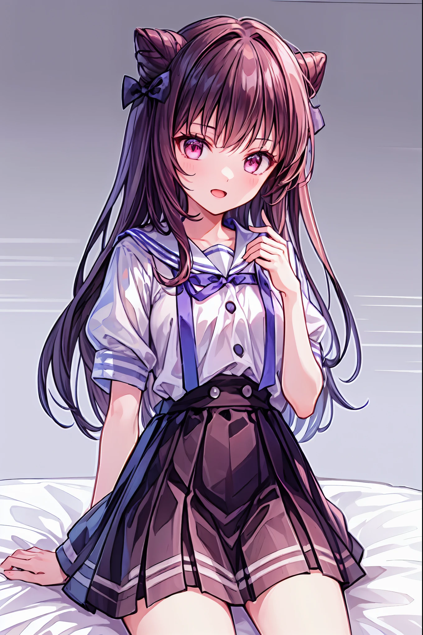 8k, best quality, masterpiece, highly detailed , super high resolution, by Nomi, RAW Photo, super high resolution, Small face compared to body, very small face , black hair, female high school student in a navy blue sailor suit, animated 2d rendering, by Nomi若いアニメの女子高生, (( white headband )), purple eyes, small breasts, tall , Slanted Eyes , (School view), black stockings , bright color, open your mouth , dark blue skirt , braided hair, Buns pats, Location, Bedroom Bed , lie face down, Put on your chin , smile,