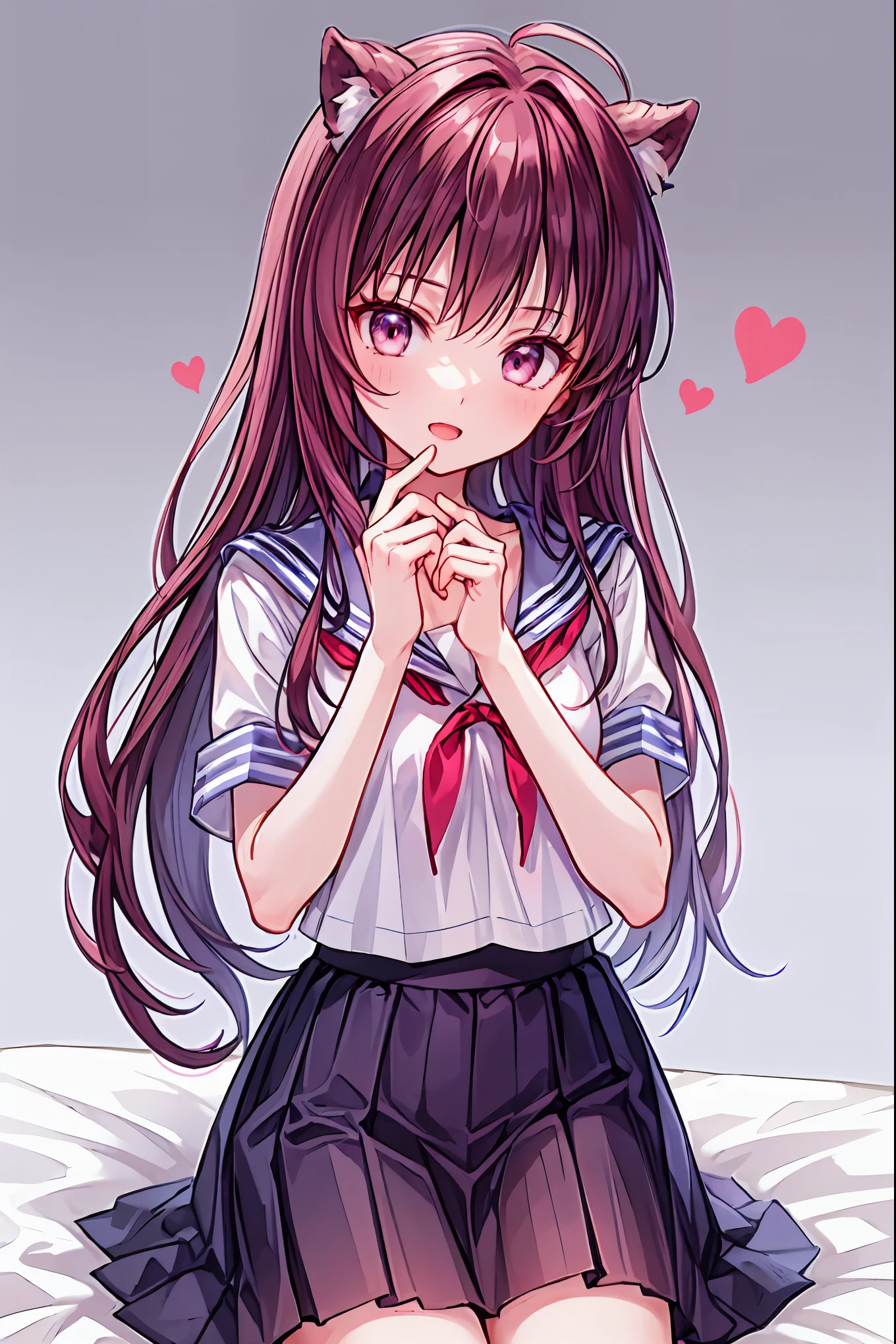 8k,  best quality,  masterpiece,  highly detailed ,  super high resolution,  by Nomi,  RAW Photo,  super high resolution, Small face compared to body,  very small face ,   black hair,  female high school student in a navy blue sailor suit,  animated 2d rendering,  by Nomi若いアニメの女子高生, ((  white headband )),  purple eyes,  small breasts,  tall ,  Slanted Eyes , (School view),  black stockings ,  bright color,   open your mouth ,  dark blue skirt ,    braided hair, Buns pats,  Location,  Bedroom Bed ,  lie face down, Put on your chin , smile,