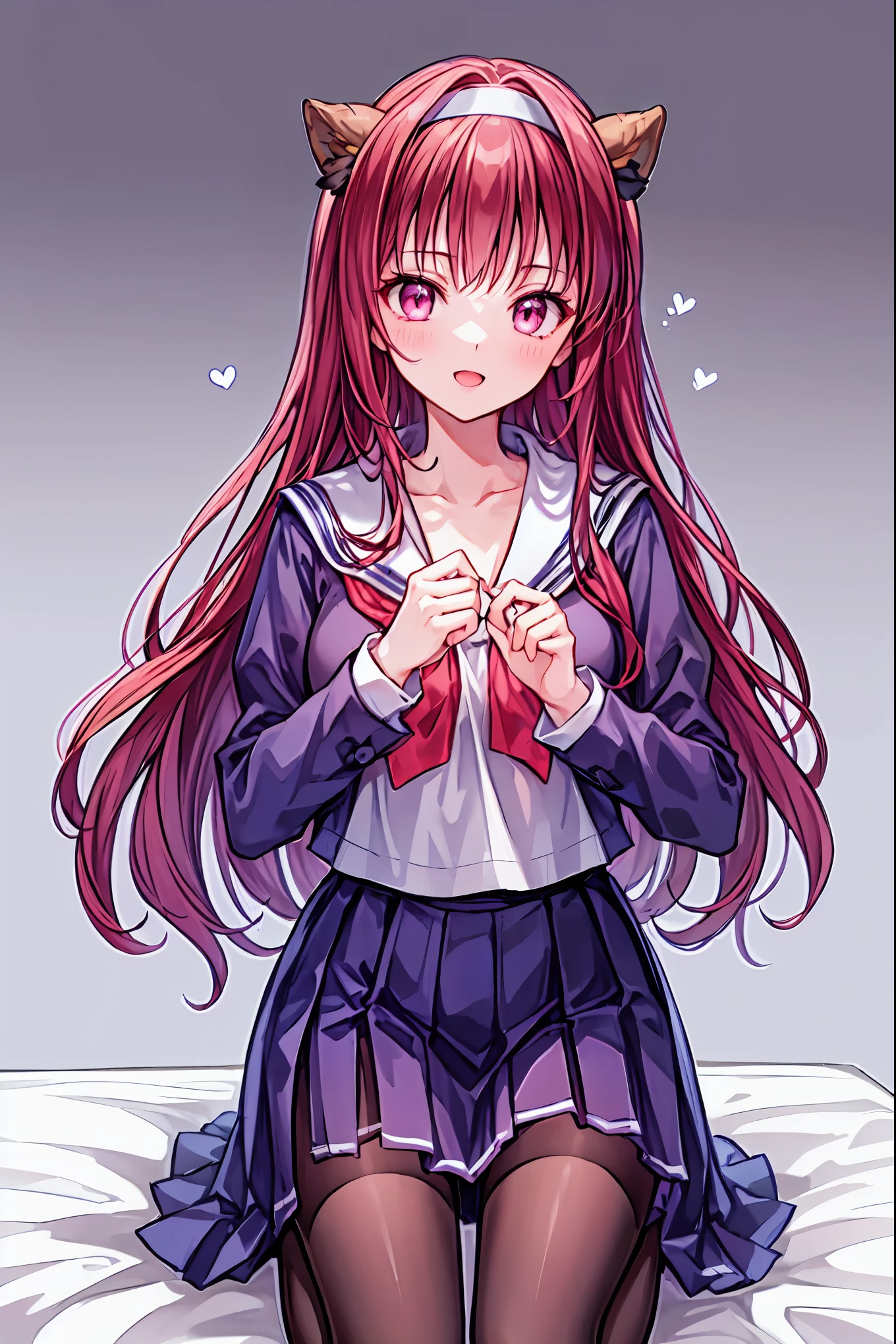 8k, best quality, masterpiece, highly detailed , super high resolution, by Nomi, RAW Photo, super high resolution, Small face compared to body, very small face , black hair, female high school student in a navy blue sailor suit, animated 2d rendering, by Nomi若いアニメの女子高生, (( white headband )), purple eyes, small breasts, tall , Slanted Eyes , (School view), black stockings , bright color, open your mouth , dark blue skirt , braided hair, Buns pats, Location, Bedroom Bed , lie face down, Put on your chin , smile,