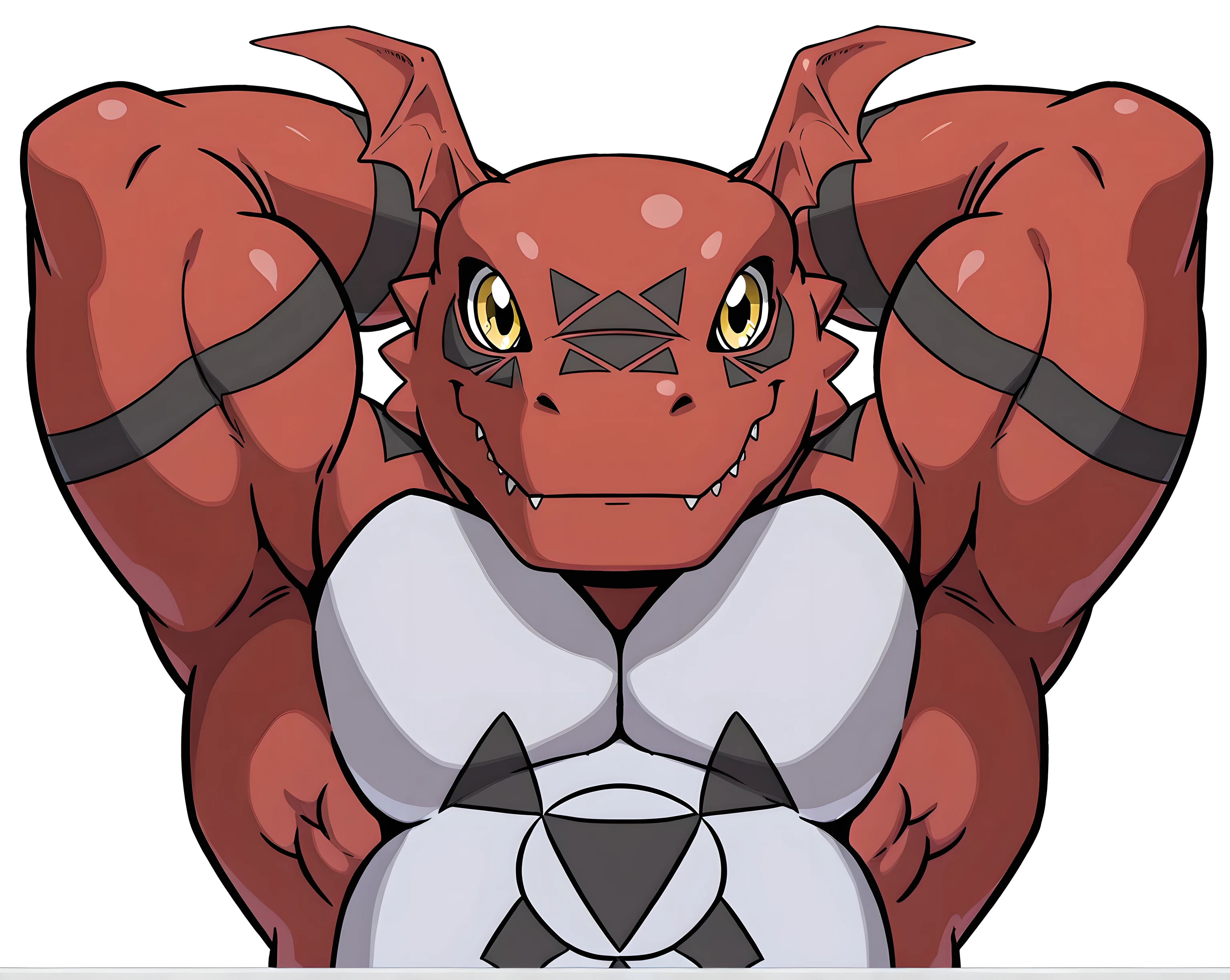 guilmon, digimon (creature), high quality, male, solo, white background, no background, big, looking at viewer, posing, (half body, half view), muscular arms, thick arms, hands behind head, lats, pecs, biceps, bulging muscles