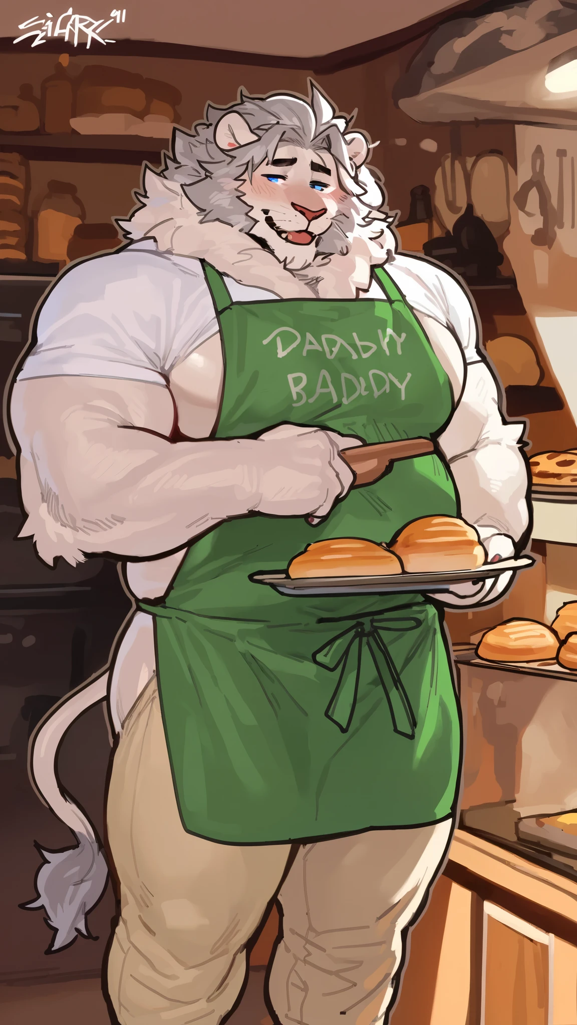 bara white lion, daddy, white fur, full body, beefy body, chubby, belly, masterpiece, blue eyes, grey hair, hairy pectorals, solo, great lighting, by bebebebe, by ZIXiong, by zackary911, by SligarTheTiger, by RED8EAN, soft colors, white outline, baker, white shirt, big green apron, pant, solo, confident expression, joyful face, very detailed face, working in a bakery, lion tail, very detailed face, detailed face expression