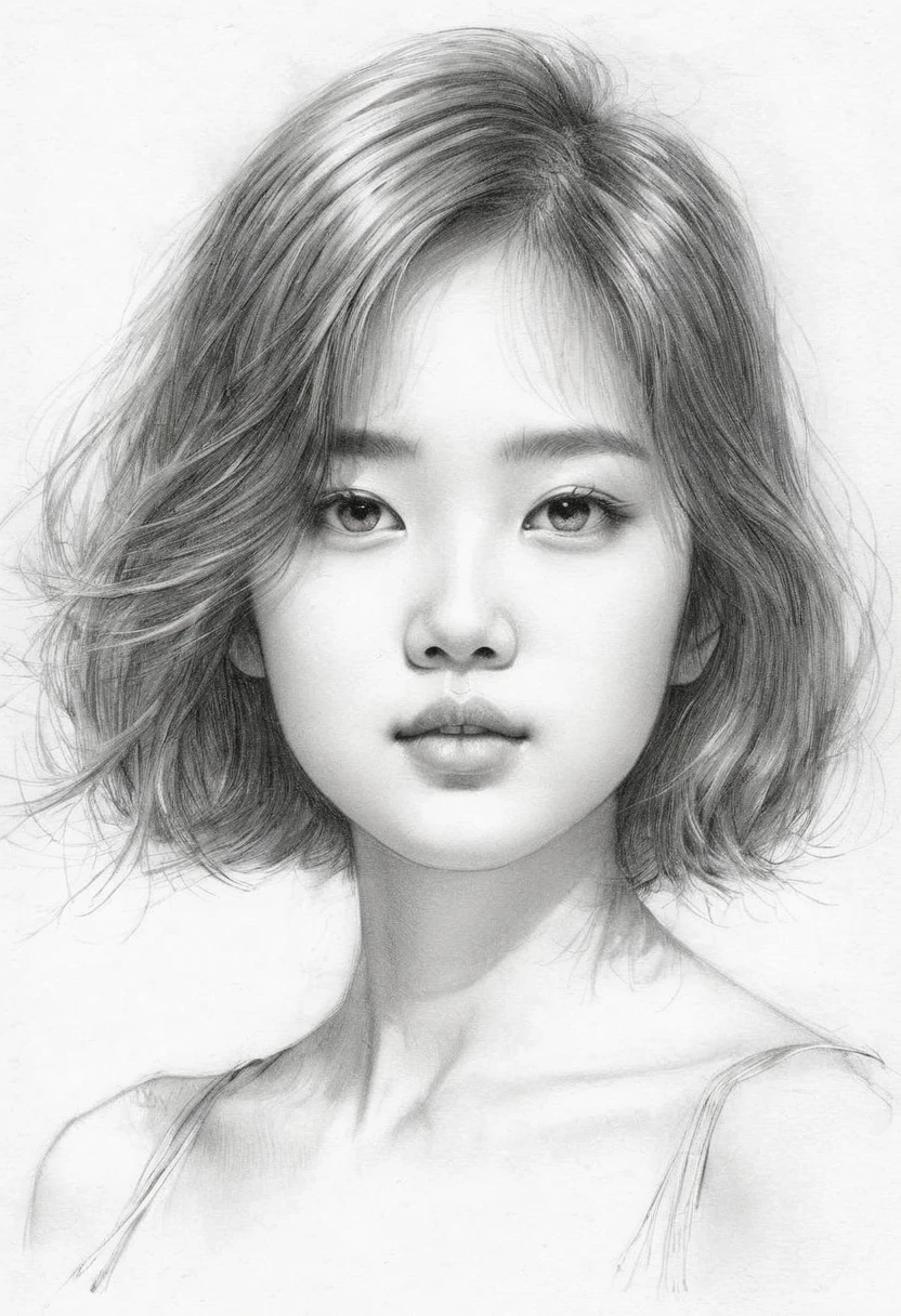 A delicate , graphite sketch depicts a naked Chinese girl, Her features are rendered with subtle shading and precise lines . The composition is compact, Focusing on sweetness、beauty、A serene face, Very big eyes , Thick, long eyebrows, Thin, wide lips. Soft, The feathery brushstrokes convey the soft texture of her short hair, ,The curve of her neck is emphasized by the softness of the pencil。. The overall atmosphere is quiet .