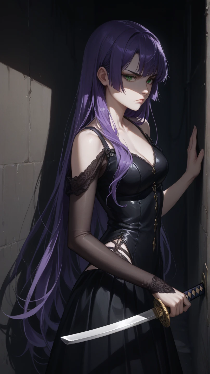 Saeko Busujima vestida de Beatrice de Umineko, Beatrice, Beatrice de Umineko, vestido sosteniendo una varita, Umineko, vestido negro y medias, Black gothic dress Lolita, Vestido victoriano negro, !!Retrato de cuerpo entero!!, Vestido barroco, Gothic dress, gothic wearing, goth clothes, wearing modern gothic clothes, Ornate gothic dress, Gothic!!, Gothic fashion, goth girl, Schoolgirl dressed in gothic, dark gothic dress, botas negras
