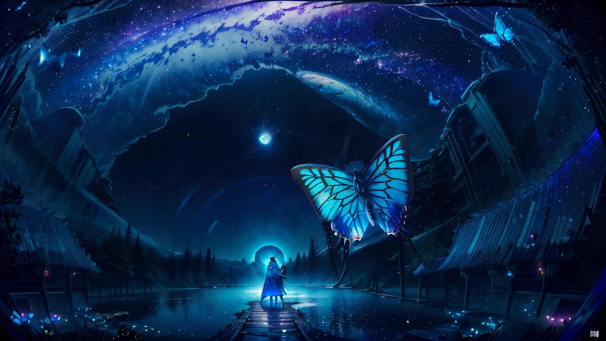 超 high definition, high definition, high quality , Spectacular Scenery ,((息をのむような美しい Milky Way銀河))),((( large groups of cobalt blue morpho butterflies flying above the water)). shot with a fisheye lens ,((( mystical atmosphere ))), Beautiful Sunset , Majestic Atmosphere, Milky Way, star, star屑, Milky Way, 流star, ((( people in Manfu))), Beautiful Sunset , Bioluminescent flowers and trees at the bottom of the valley々Covered in,