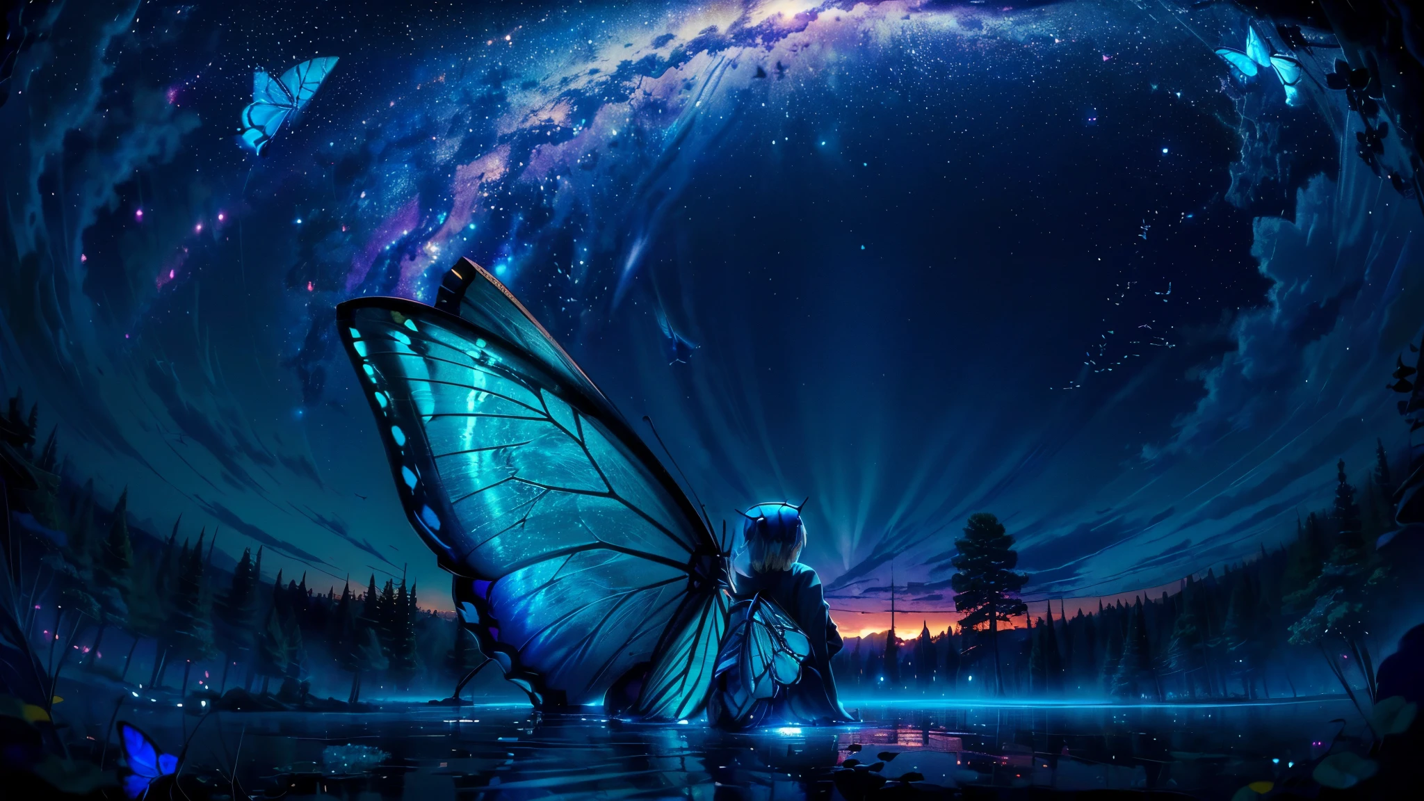 超 high definition, high definition, high quality , Spectacular Scenery ,((息をのむような美しい Milky Way銀河))),((( large groups of cobalt blue morpho butterflies flying above the water)). shot with a fisheye lens ,((( mystical atmosphere ))), Beautiful Sunset , Majestic Atmosphere, Milky Way, star, star屑, Milky Way, 流star, ((( people in Manfu))), Beautiful Sunset , Bioluminescent flowers and trees at the bottom of the valley々Covered in,