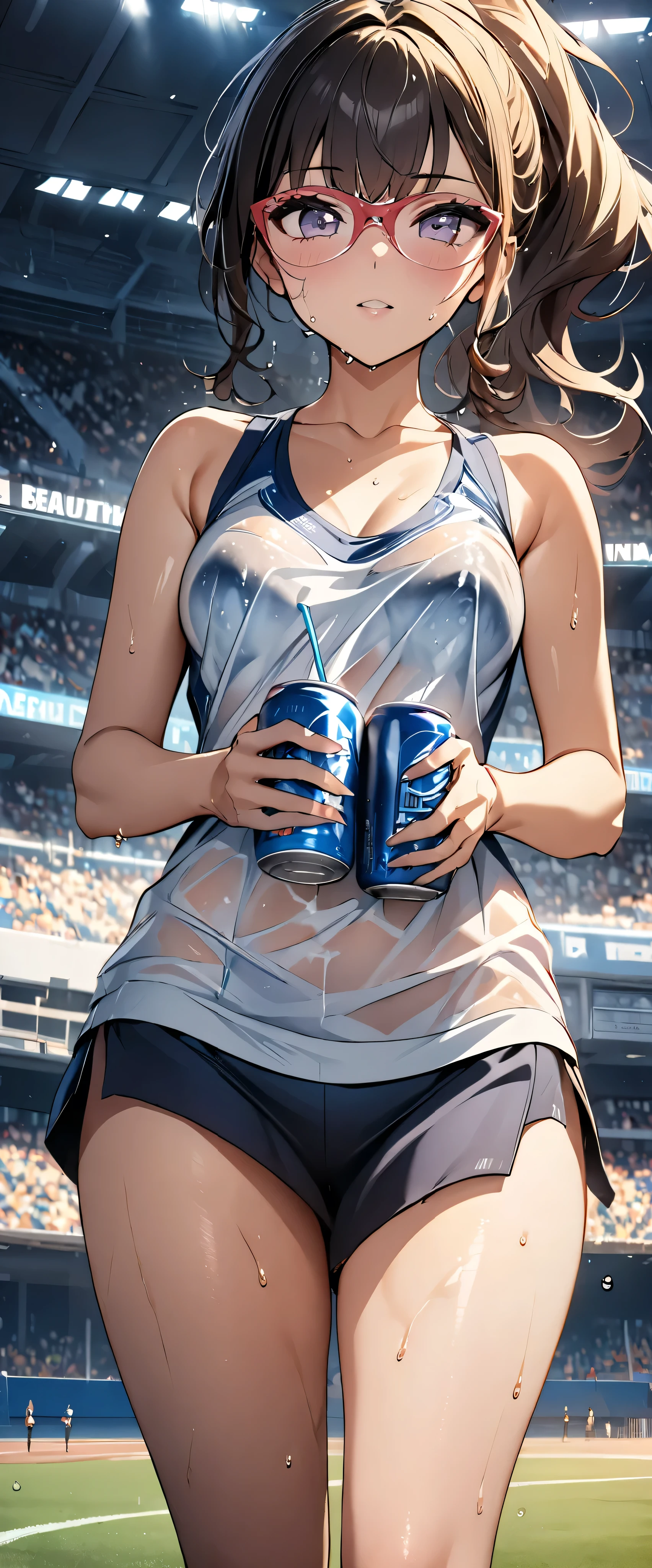 ((( Masterpiece)))、(( top quality))、( super detailed)、(CG illustration)、(Very beautiful woman))、 cinematic light 、((1 Female))、 、(Beautiful and luxurious:1.2)、( One Woman :1.3)Sports Stadium,,((Sleeveless track and field athletes ), I'm sweaty,Beautiful ponytail,Drink a sports drink,,Rokka,( clothes can be seen through the bra )Glasses