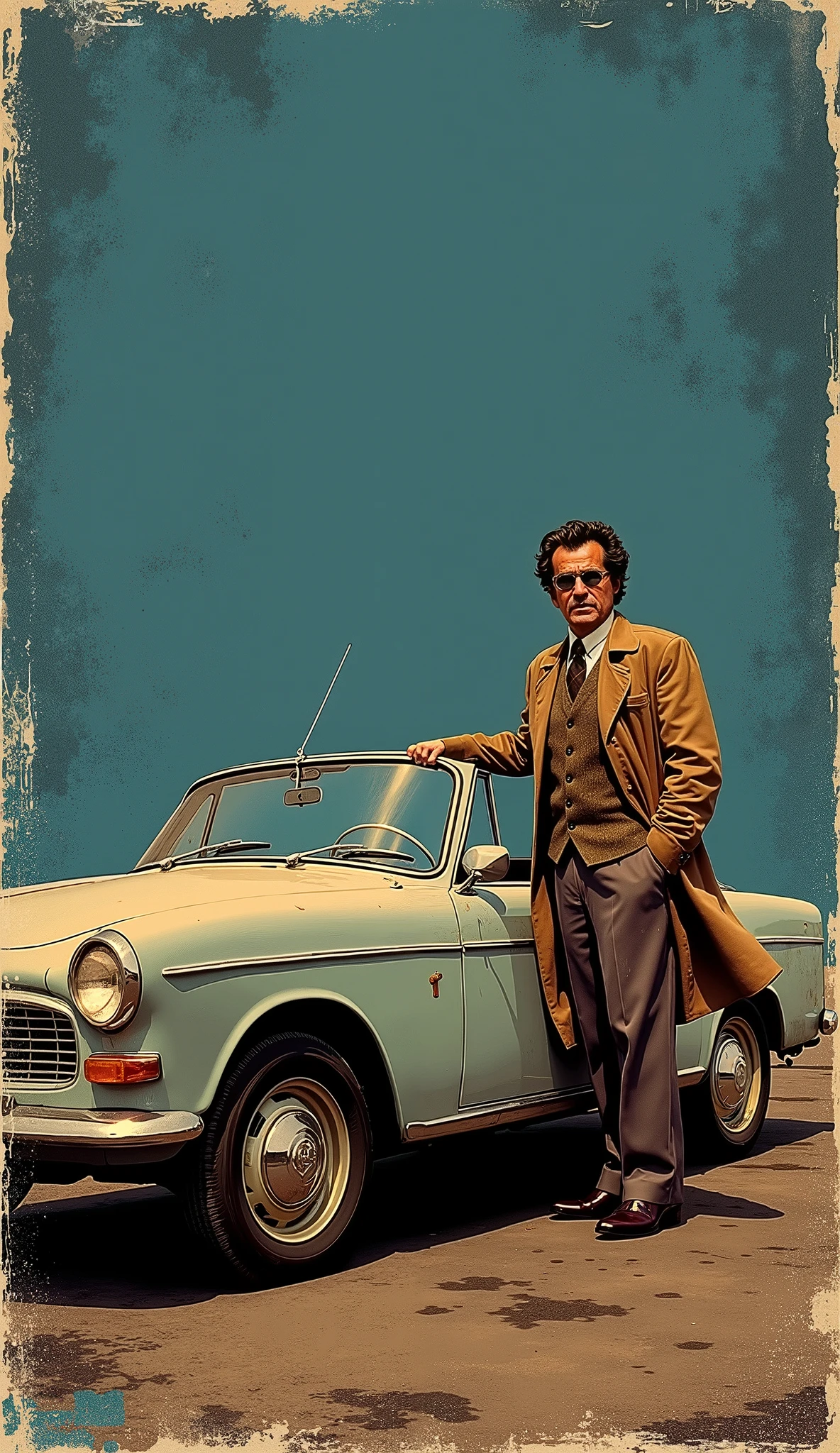 US TV drama promotional posters、Detective Columbo、Stand beside a dull blue ragged 1959 Peugeot 403 convertible、Vintage Car、 unkempt hair、 twirl、The brown trench coat of the dragonfly car 