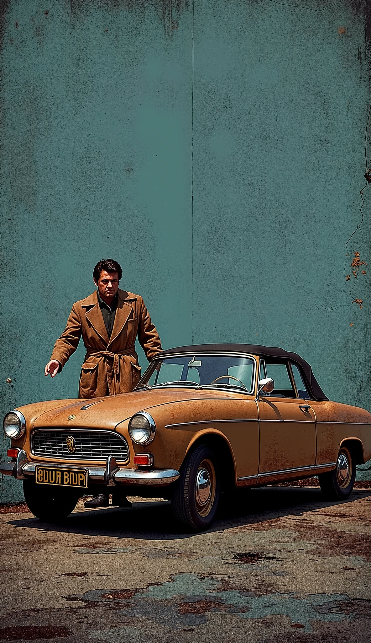 US TV drama promotional posters、Detective Columbo、Stand beside a dull blue ragged 1959 Peugeot 403 convertible、Vintage Car、 unkempt hair、 twirl、The brown trench coat of the dragonfly car 