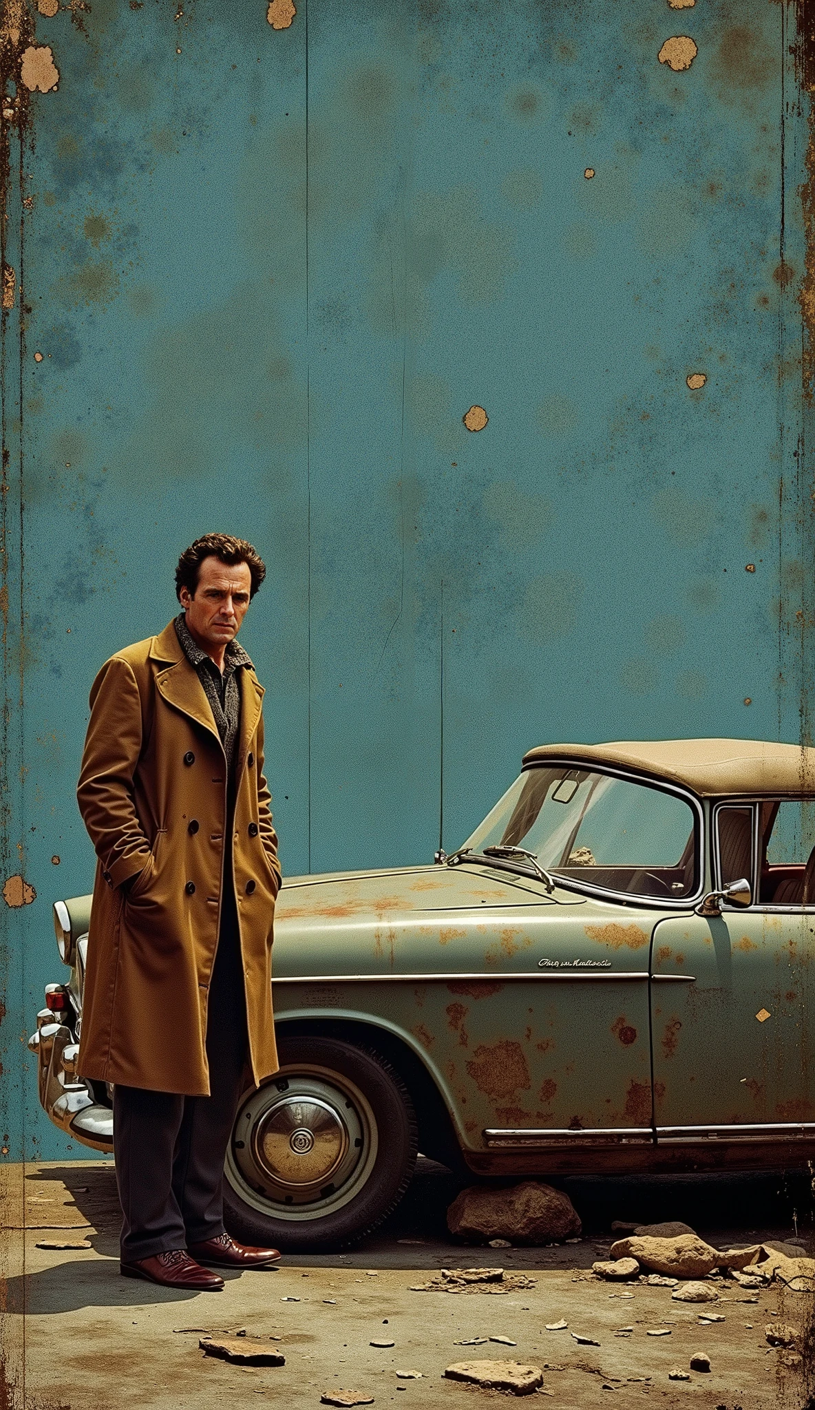 US TV drama promotional posters、Detective Columbo、Stand beside a dull blue ragged 1959 Peugeot 403 convertible、Vintage Car、 unkempt hair、 twirl、The brown trench coat of the dragonfly car 