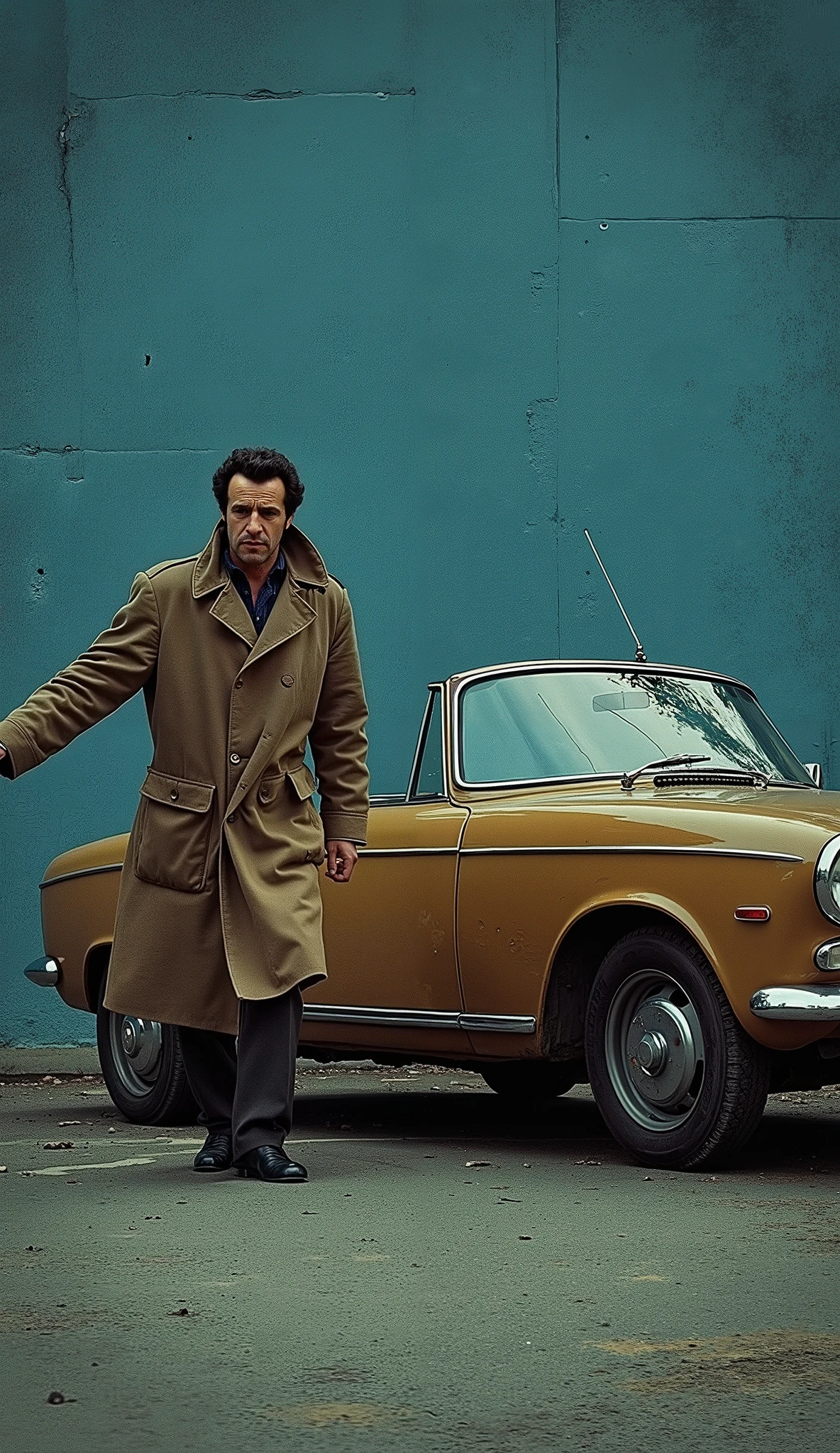 US TV drama promotional posters、Detective Columbo、Stand beside a dull blue ragged 1959 Peugeot 403 convertible、Vintage Car、 unkempt hair、 twirl、The brown trench coat of the dragonfly car 