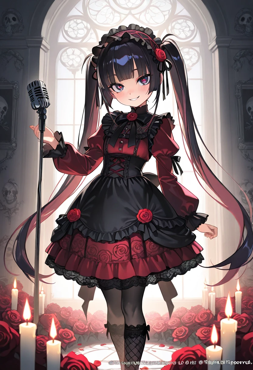Gothic girl, knee high black boots. . Holding a guitar. ADDCOMM , metal, night
Waist length Black and red hair, black lips, nose piercing, eyebrow piercing, earrings. BREAK
In a graveyard, it’s raining, holding a guitar, a female demon with long smoky black hair and glowing red eyes. She's wearing a tight black corset and a dress cage covered in fire. She spreads her bat-like wings behind her as she smiles darkly with a vicious expression , vampire teeth , hairstyle covering the eyes, black lipstick, room with gothic aesthetic