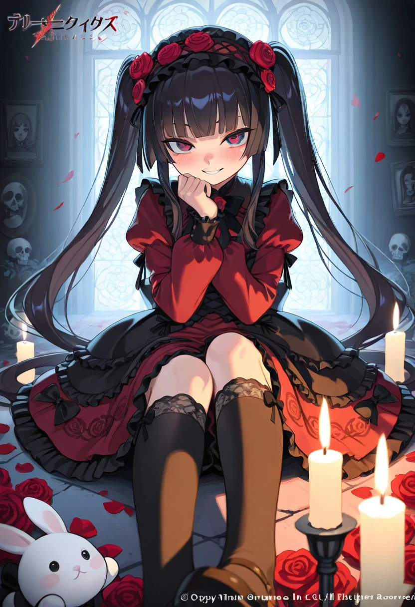 masterpiece, best quality, extremely detailed, (illustration, official art:1.1), 1 girl ((blush)) , cute face, big eyes, masterpiece, best quality,(((((Stand microphone,)))),Amazing,beautiful detailed eyes,blunt bangs.(true beautiful:1.2),1 girl, Solo, Knee socks, Apron, (Rose hair ornament), Black knee socks, ta fashion, Landmine girl, Alluring eyes (Maid, Looks at the viewer, ,Black very Long Twin Tails,Rose ribbon, ), Wearing black tights and black and white maid outfit,, cold black hair twin tail, a gothic loliirl,,long eyelashes,large eyes,,intricate black lace dress,、ruffles,bows,high collar,white rabbit plush,haunting gaze,dark fairy tale,dramatic lighting,moody atmosphere,cinematic,highly detailed,masterpiece,, wearing a rose headband, crimson red velvet dress with brocade pattern,evil smile,, roses ribbons, baroque design, surreal elegant, manga influence, detailed illustration, etching technique, high artistic value, historical cultural depth, world-renowned artwork、Rose Maiden、Lots of rose petals on the background、Delicate lace、Delicate frills、Beautiful Gothic Dresses、Red roses in the background、Arrangement with Sense、Extremely high quality、high-level image quality、Extremely delicate drawing、hex circle magic infusion design behind her ,gothic woman 、 (Dark tones), skulls around , candles, (ruins background ), penumbra,Black cat at your feet