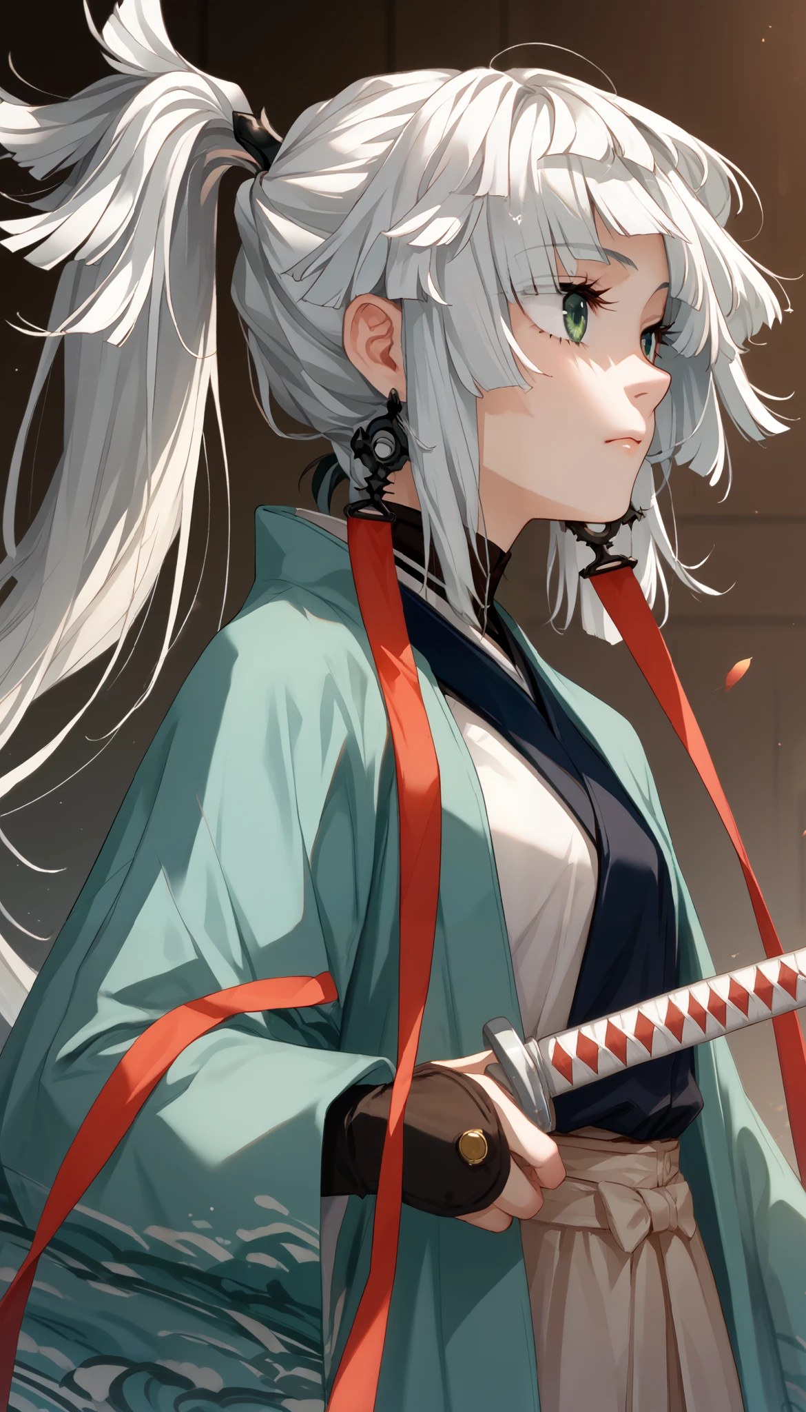 score_9, score_8_up, score_7_up, score_6_up, score_5_up, score_4_up, source_anime,newest,game cg,dutch angle,yui_shousetsu, green eyes, white hair, long hair, sidelocks, ponytail, braided hair rings, hair ribbon, green ribbon, earrings, jewelry,cowboy shot,
thigh cutout, (two-tone bodysuit:1.5), white bodysuit, skin tight, long sleeves, armpit cutout, black gloves, covered navel, vertical-striped, black footwear