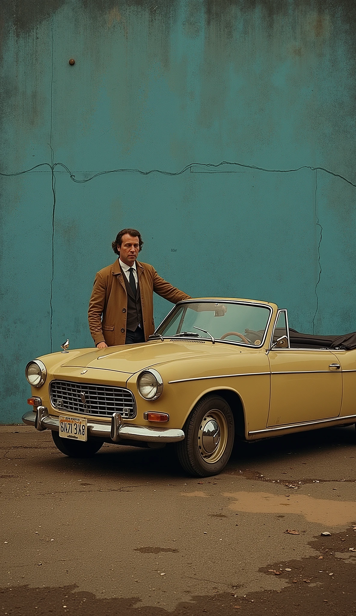 US TV drama promotional posters、Detective Columbo、Stand beside a dull blue ragged 1959 Peugeot 403 convertible、Vintage Car、 unkempt hair、 twirl、The brown trench coat of the dragonfly car 