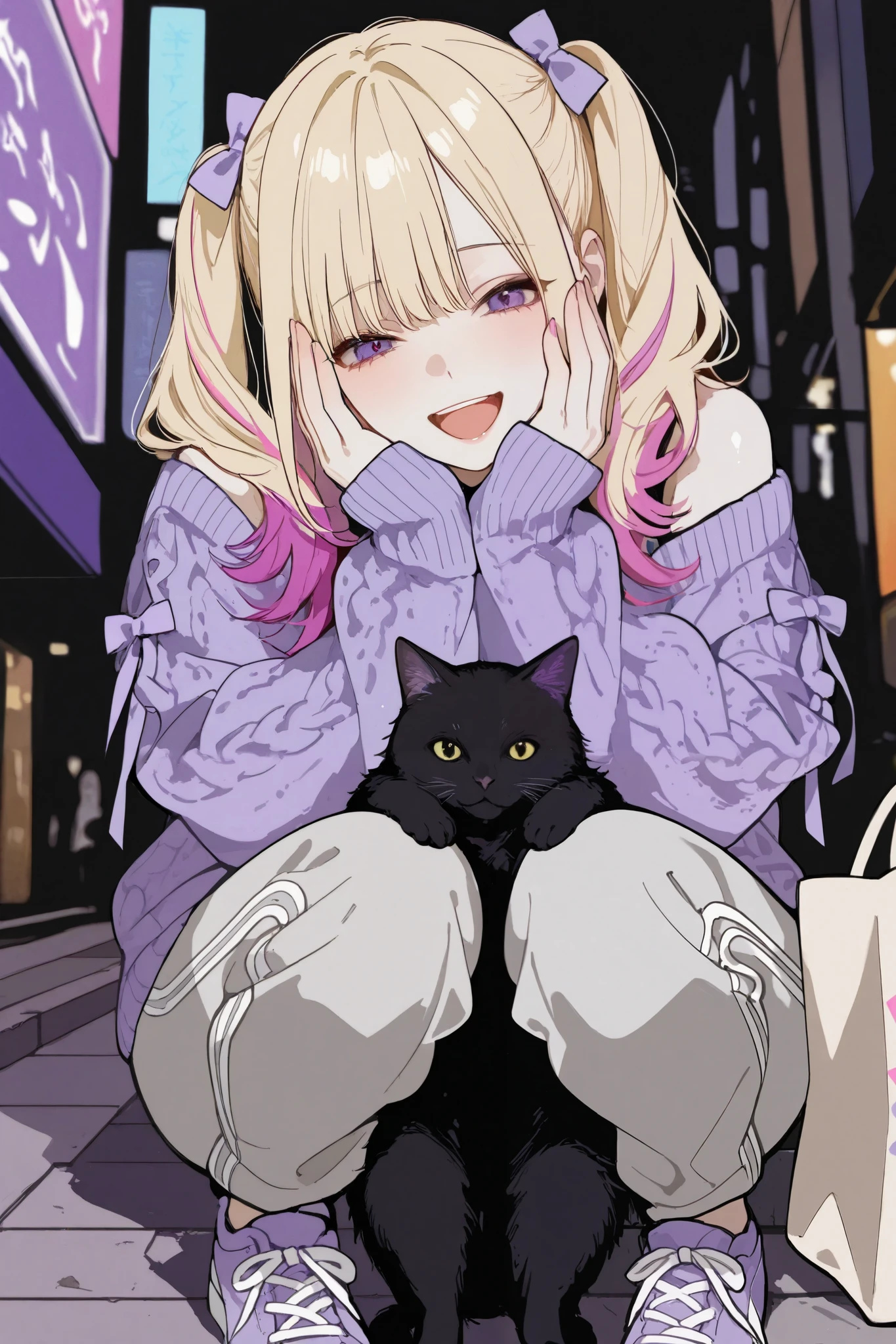 General,xxx667_illu,748cmstyle,trk,pop art, visually striking Japanese gal,1girl\(happy smiling,open mouth,hairstyle\((Smooth multi-colored twin tails,blonde color and purple color with pink highlights,Right-swept bang),The ends of the hair have soft curls, and the texture is rendered with detailed, ultra-realistic precision\),covering face both hand,happy smile,Transparent white skin\), stylish and confident girl strikes a bold pose, outtfit\(oversized knit sweater with black and white horizontal stripes forms the centerpiece of this casual outfit. The sweater features distressed texture with slightly frayed edges and dropped shoulders, emphasizing its loose and cozy fit. It is paired with light gray sweatpants in relaxed fit, completing a comfortable and laid-back look\), The outfit is accessorized with large beige tote bag featuring, picture of a black-cat\((Human-like giant fat cat:1.2), crystal,realistic, fluffy and shiny fur, bow tie\),and casual sneakers add to the effortless vibe\),her posing on the sidewalk of a busy street in Japan,feel a bewitching and sexy atmosphere from her,photorealistic