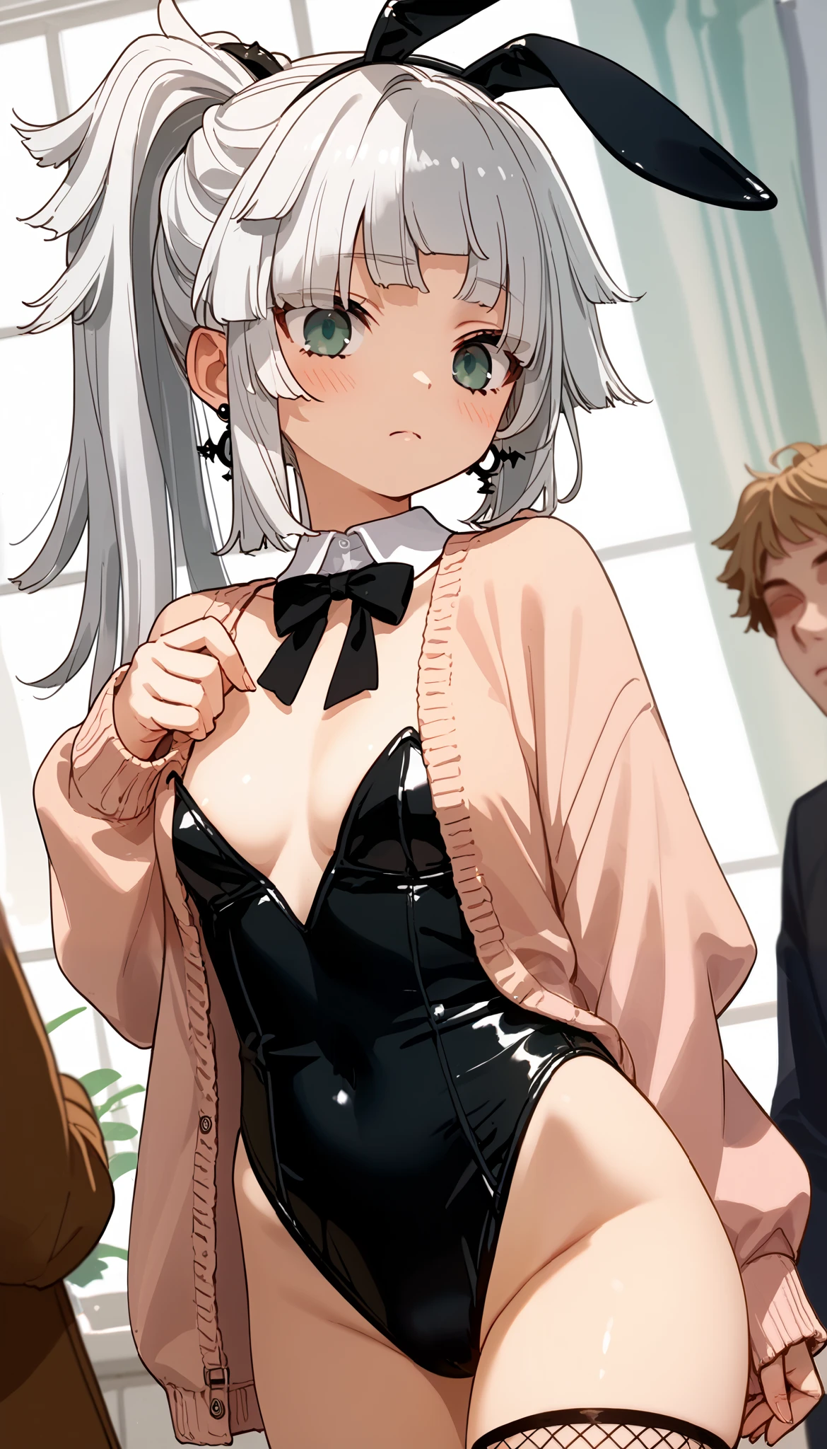 score_9, score_8_up, score_7_up, score_6_up, score_5_up, score_4_up, source_anime,newest,game cg,dutch angle,(cowboy shot),yui_shousetsu, green eyes, white hair, long hair, sidelocks, ponytail, braided hair rings, hair ribbon, green ribbon, earrings, jewelry,
green playboy bunny,blush,fishnet thighhighs,