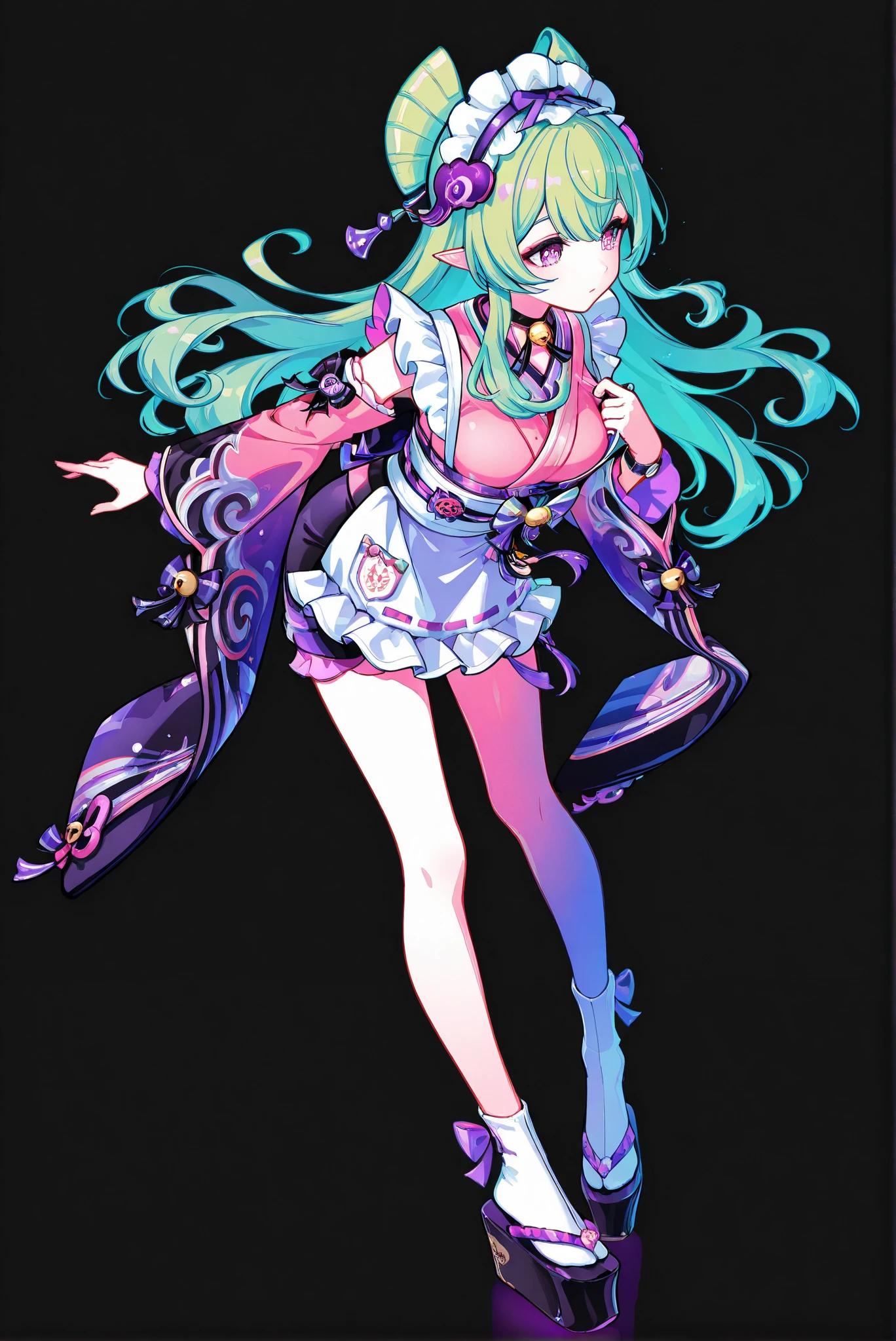 , Ironstone Clothing , ,, Limited Color Palette, Black Background ,Colorful, vivid colors ,Flashing silhouette ,neon,black light ,watch, Masterpiece, very beautiful ,, Yumami Kimitsuki \( Genshin\), 1girl , Alone ,Pointed ears,bell,long hair,maid headdress,Purple Eye,hair ,green hair,necklace,
breast, kimono, kimono,Three-quarter sleeves,apron,wa maid, Virtual YouTuber ,trim,maid,[sock,white [sock,or,[sock,or,[leg,[Get ,Platform shoes ,