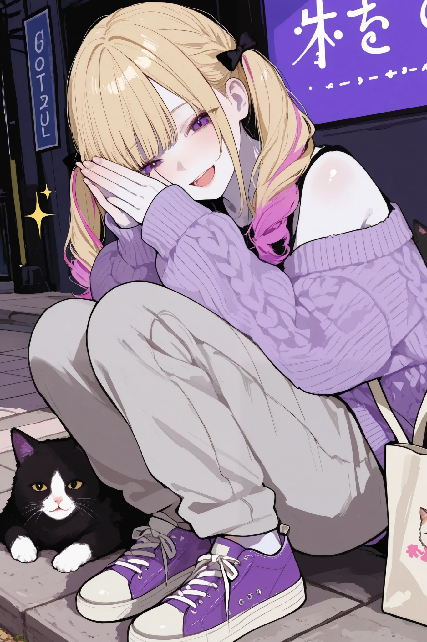 General,xxx667_illu,748cmstyle,trk,pop art, visually striking Japanese gal,1girl\(happy smiling,open mouth,hairstyle\((Smooth multi-colored twin tails,blonde color and purple color with pink highlights,Right-swept bang),The ends of the hair have soft curls, and the texture is rendered with detailed, ultra-realistic precision\),covering face both hand,happy smile,Transparent white skin\), stylish and confident girl strikes a bold pose, outtfit\(oversized knit sweater with black and white horizontal stripes forms the centerpiece of this casual outfit. The sweater features distressed texture with slightly frayed edges and dropped shoulders, emphasizing its loose and cozy fit. It is paired with light gray sweatpants in relaxed fit, completing a comfortable and laid-back look\), The outfit is accessorized with large beige tote bag featuring, picture of a black-cat\((Human-like giant fat cat:1.2), crystal,realistic, fluffy and shiny fur, bow tie\),and casual sneakers add to the effortless vibe\),her posing on the sidewalk of a busy street in Japan,feel a bewitching and sexy atmosphere from her,photorealistic