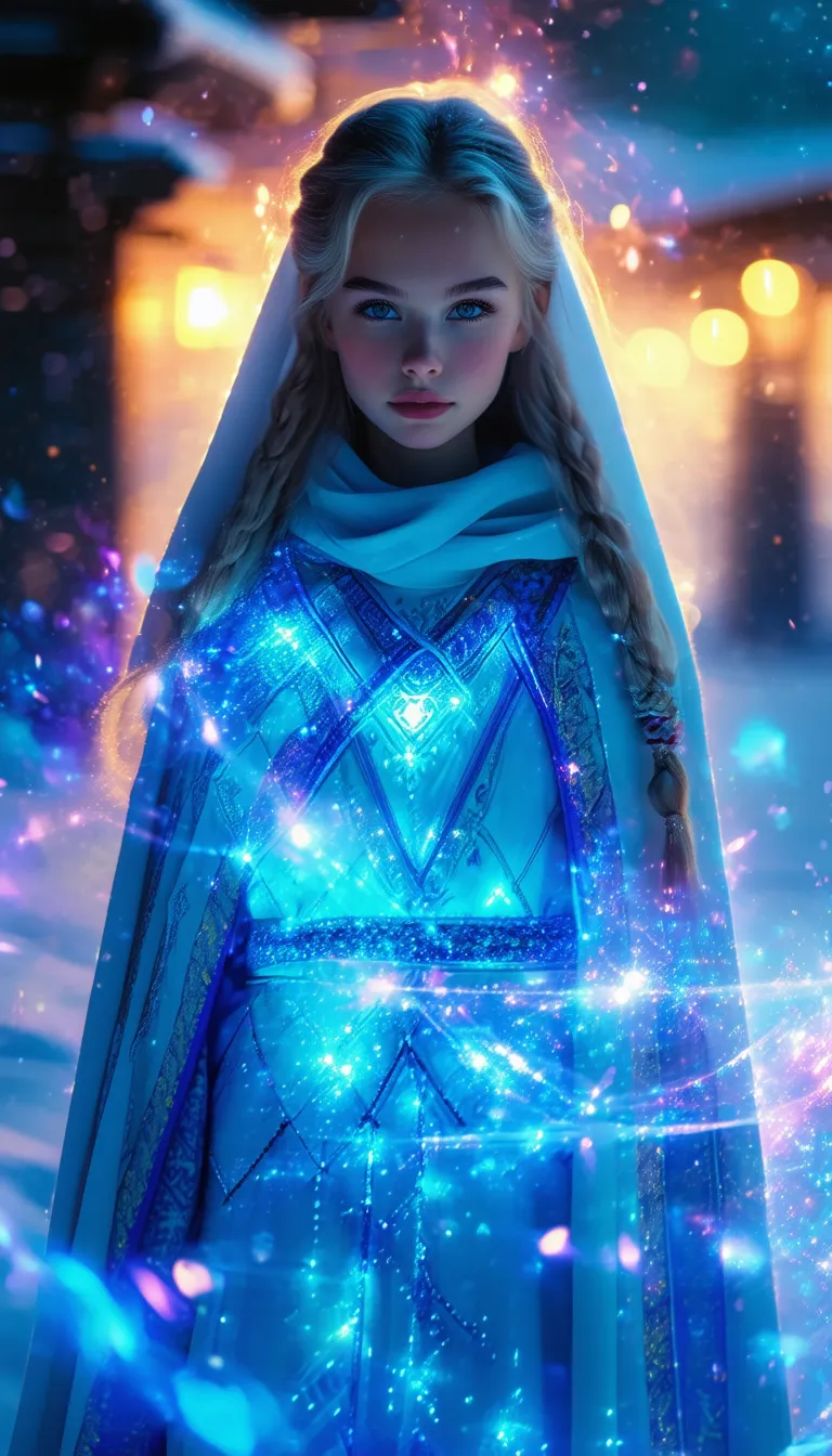 A girl dressed in blue and white with a glowing cape - SeaArt AI