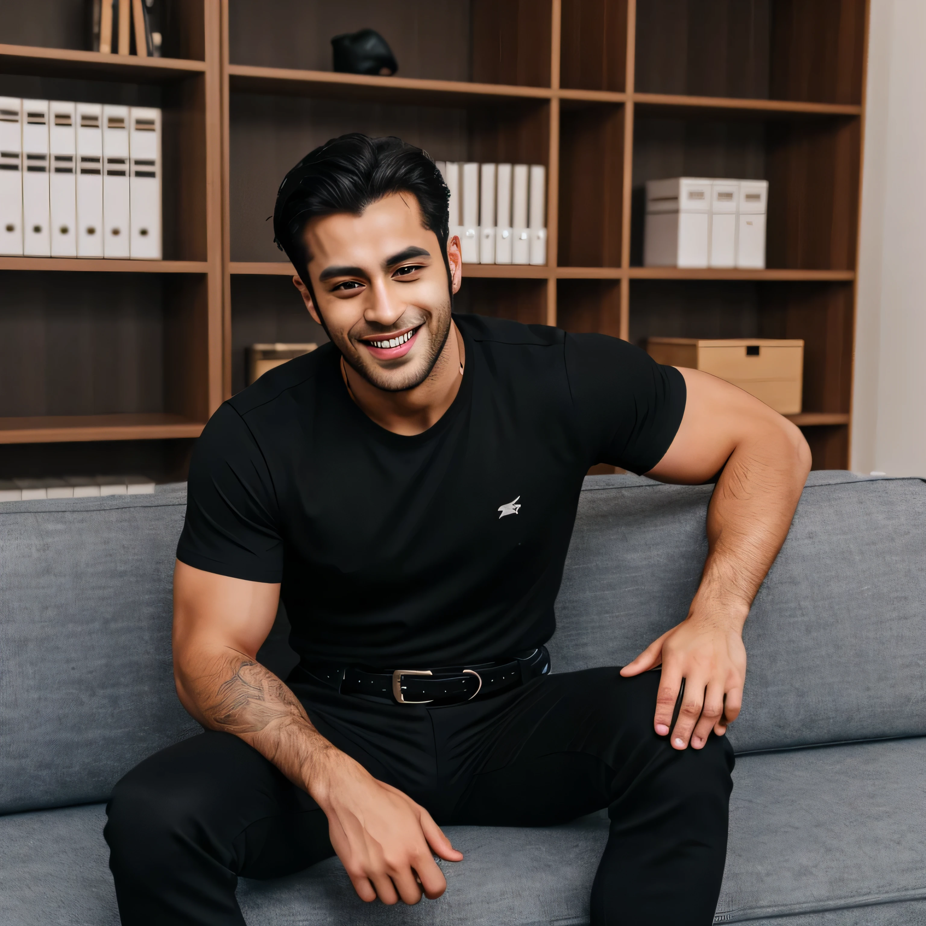 30 years old、handsome guy , One Man,、 Ekin Mert Daymaz。 black shirt 、 black slim pants 、Doğukan Polat 、office、 sit on the sofa、 black shirt、 black slim pants 、 upper body up　geff Bridges,　Front 　Menacing look　 black belt　 smiling with her mouth wide open　 black gloves
